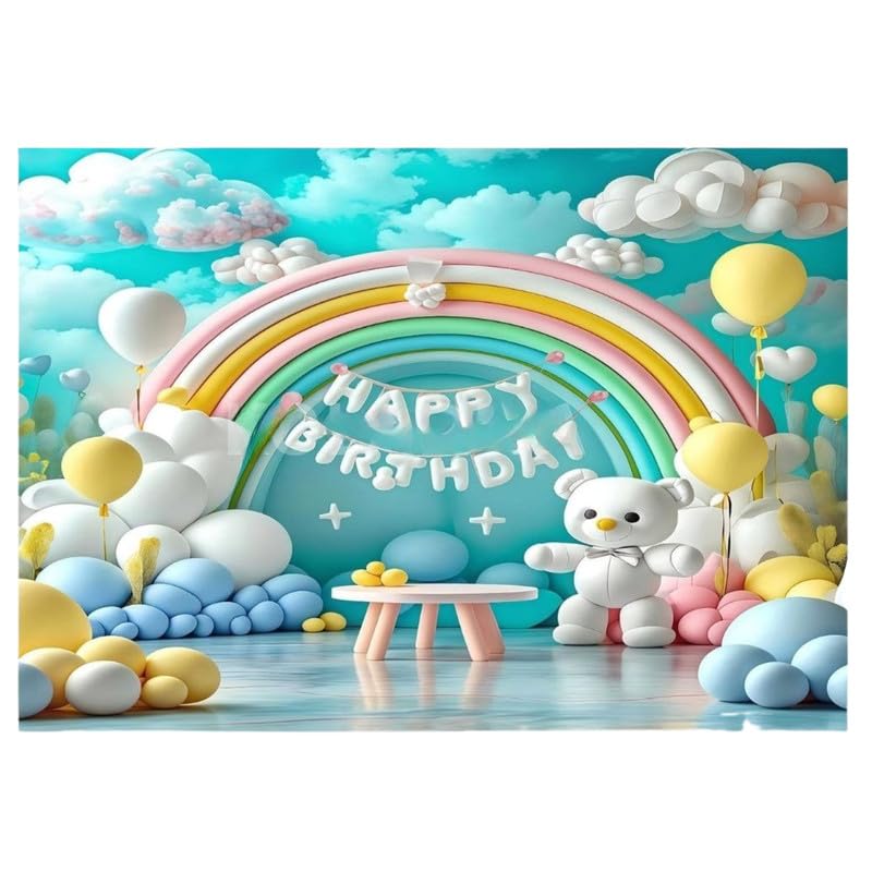 Image of Pastel Birthday Party Backdrop with Balloons and Clouds - Kids Celebration Background for Baby Shower, Birthday Party, and Photo Booth
