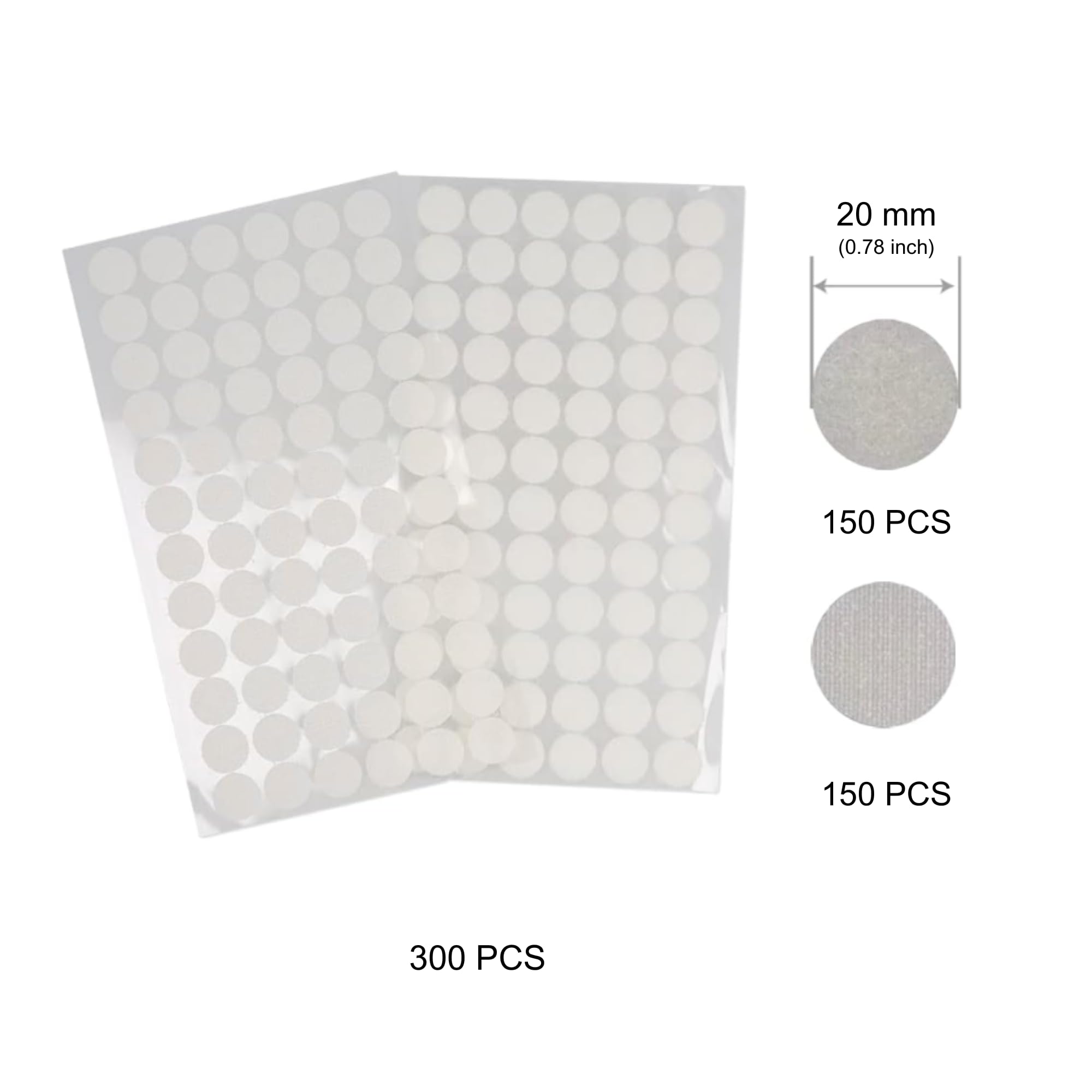 300 Piezas de Puntos Redondos blancos de 20mm, Pegatinas Redondas, 150 Pares de Gancho y Bucle Autoadhesivos, doble cara, para bricolaje, manualidades, uso escolar y doméstico