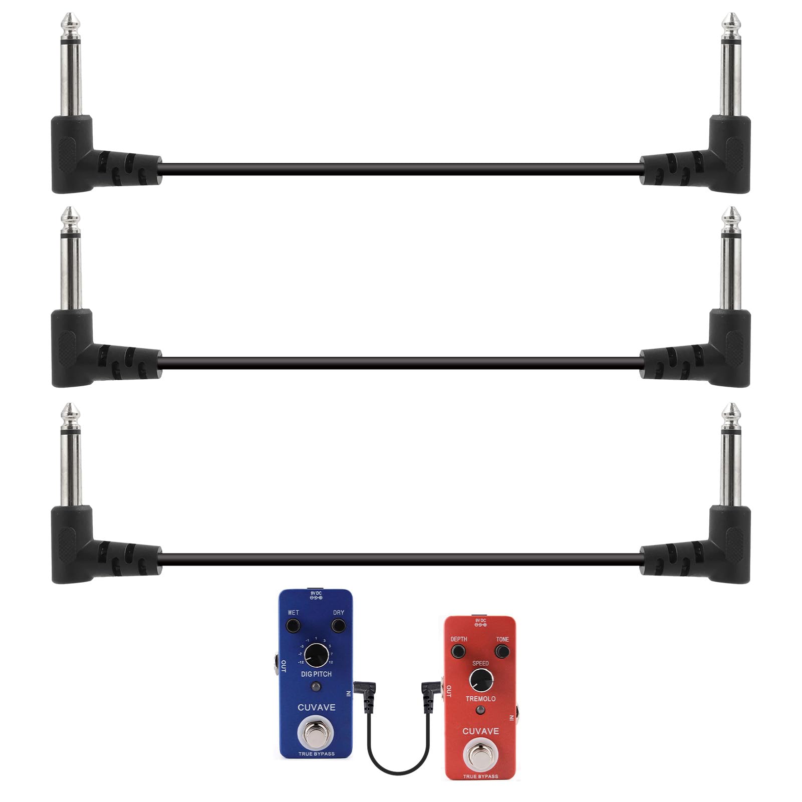 kwinfei 3PCS Black Connectors 6 Inch Guitar Patch Cables 1/4" TS Mono Right Angle Pedal Cords