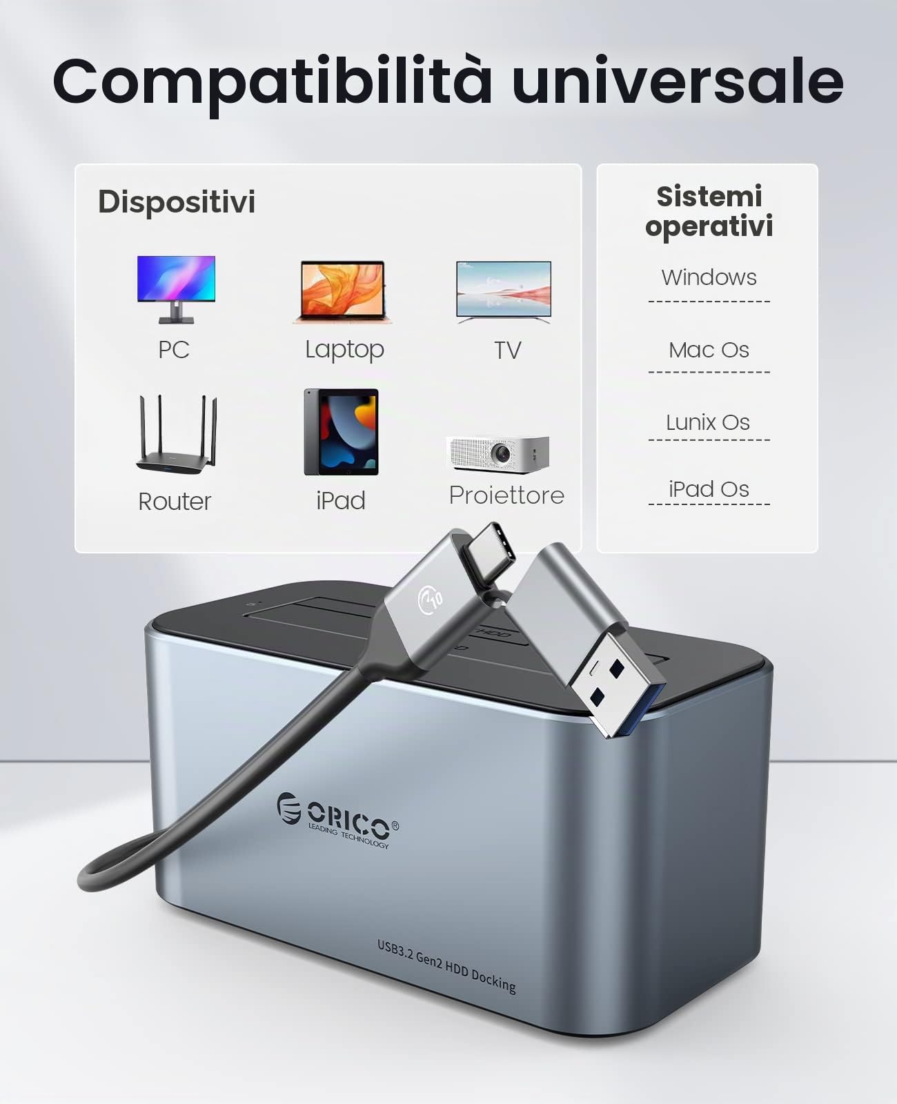 ORICO Docking Station Hard Disk per 2.5/3.5 pollici SSD/HDD, USB 3.2 Gen 2 Alluminio Hard Drive Docking Station, Supporta UASP, 1TB, 2TB, 4TB, 8TB fino a 18TB SSD, con Alimentazione.(6616C3)