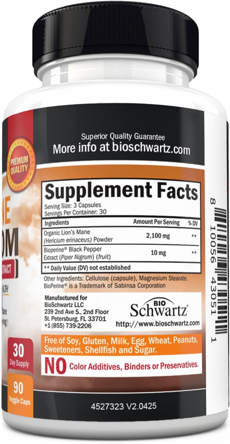 Organic Lions Mane Supplement Capsules- 2100mg Lions Mane Mushrooms - 90ct | BioPerine Black Pepper for Absorption, Active Compound Verified, Nootropic Brain Supplements for Memory & Focus, BioSchwartz