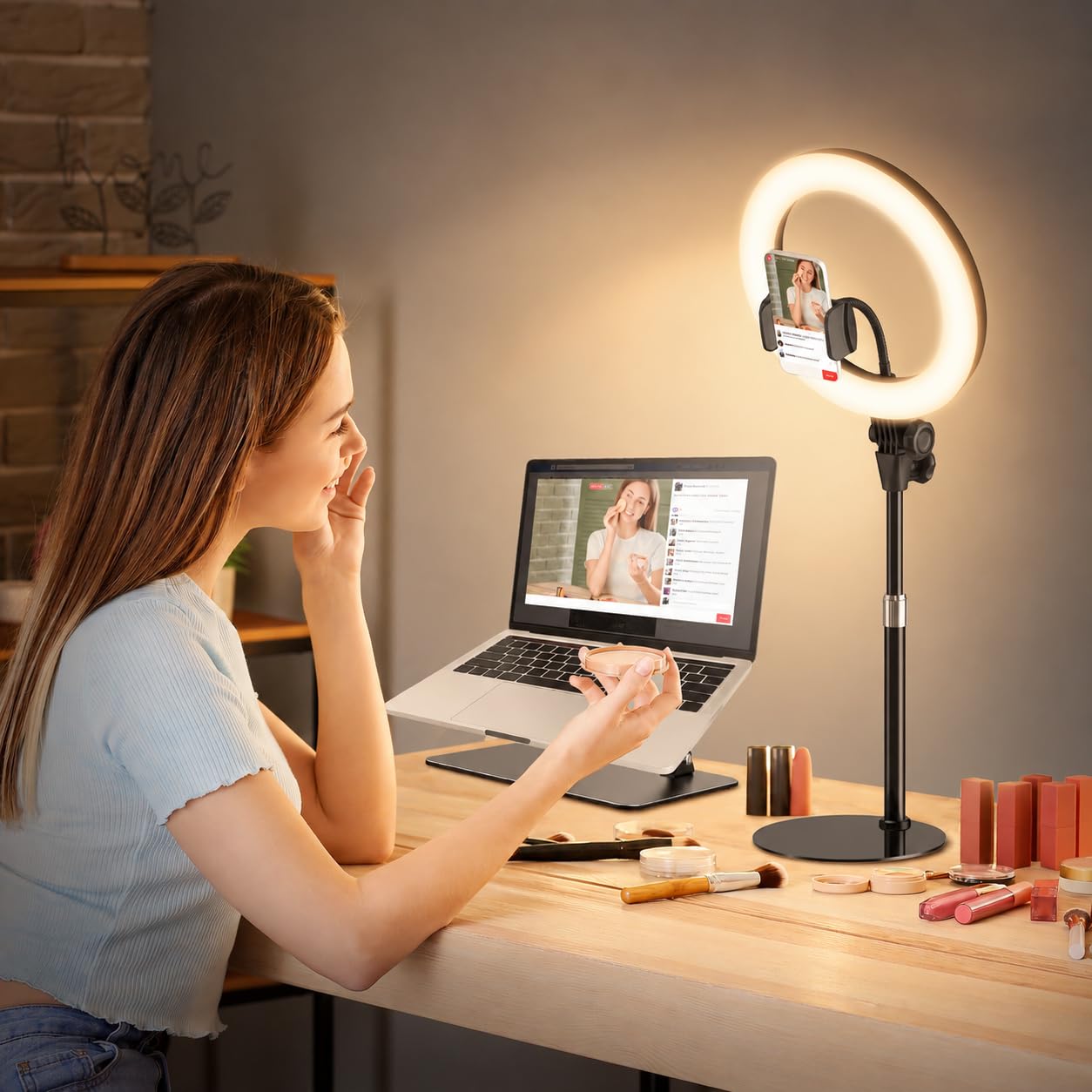 Upgrade Ringlicht mit Stativ Handy Laptop PC Videokonferenz Licht,10.5” Ring Light LED 3 Lichtfarben+10 Helligkeiten 360°Drehbar Schreibtisch Streaming Beleuchtung Licht YouTube Tiktok Homeoffice