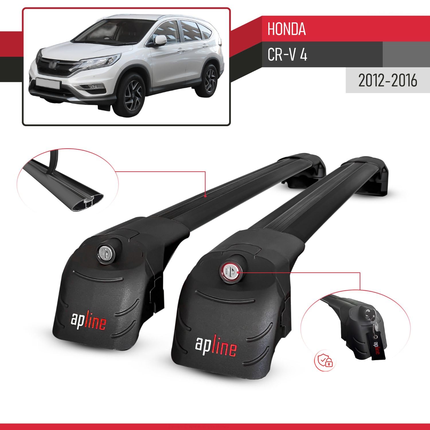 Compatibile con Honda CR-V 4 2012-2016 Modello ACE-2 Barre Tetto Portapacchi Auto Barre Portatutto Nero Alluminio 2 Barre