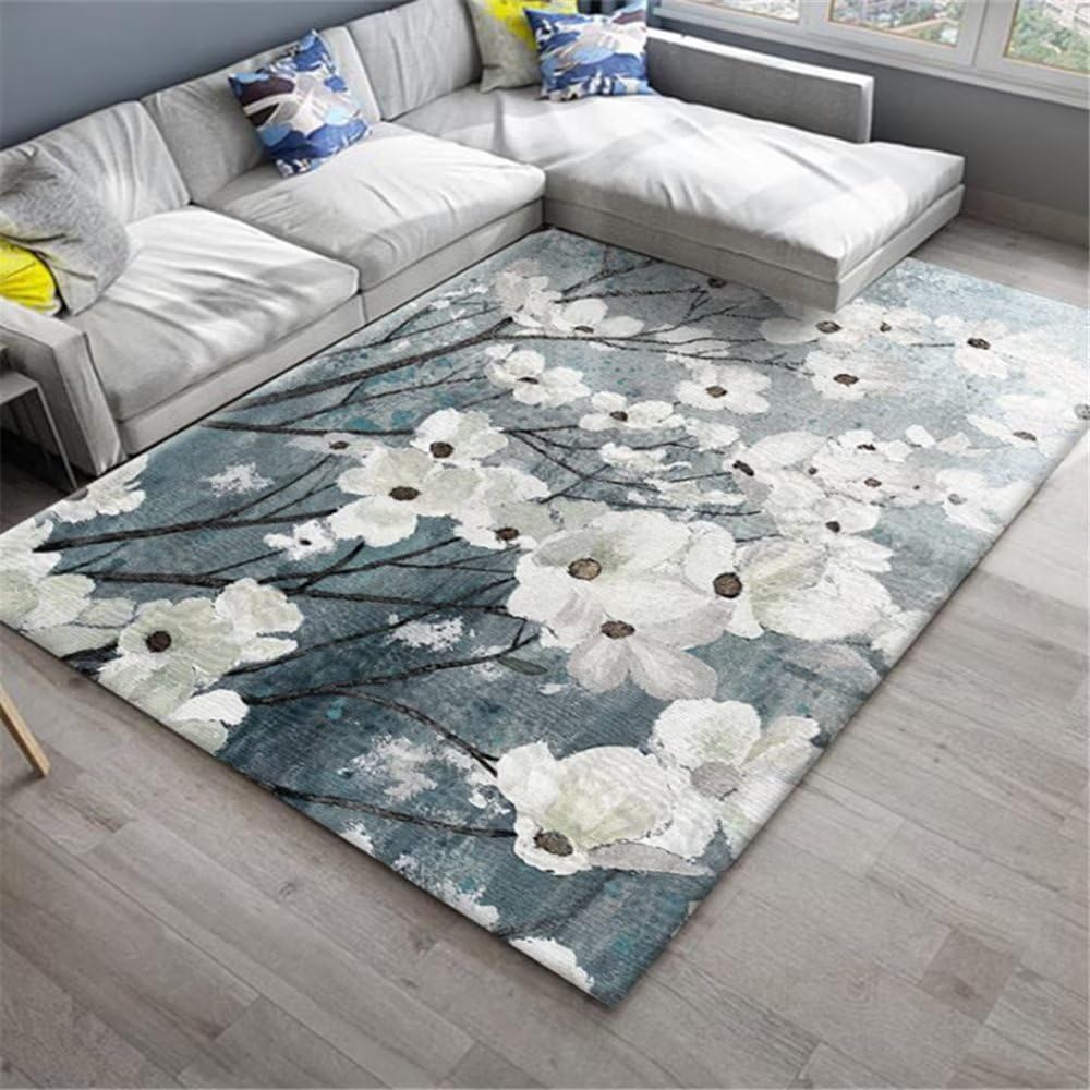 Moquette extérieur bleu 160x230 tapis décoration chambre fleurs beige