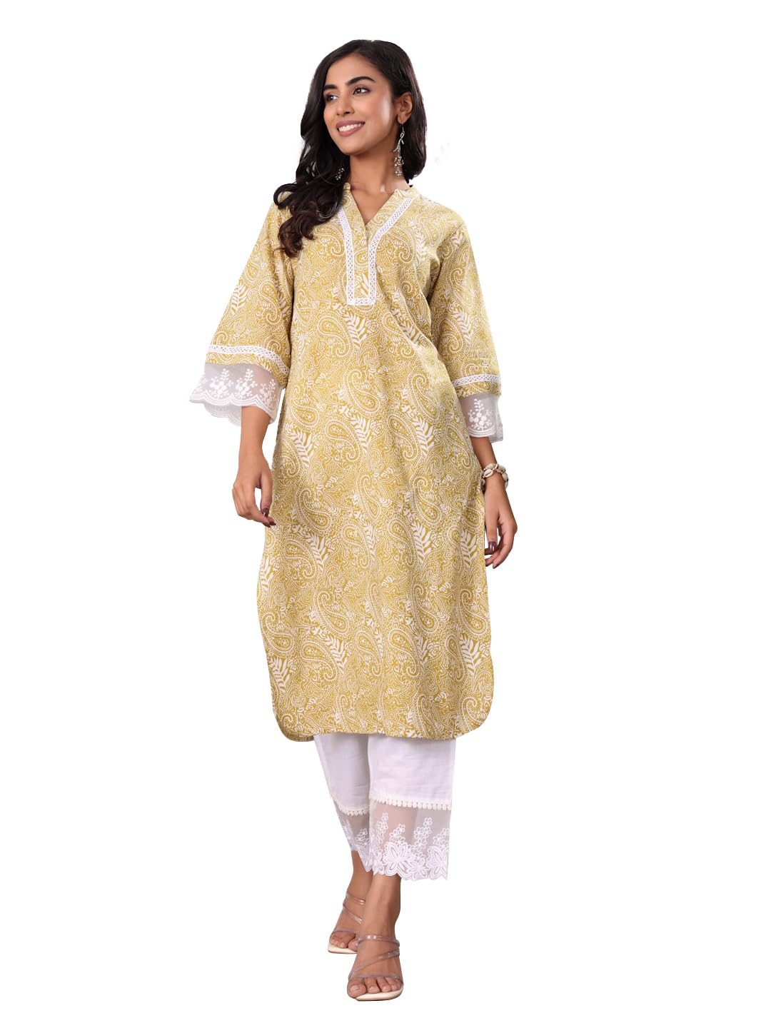 Varanga Women Paisley Printed Kurta With Lace Detailing And Flared Sleeves  A Stylish And Comfortable Outfit Green