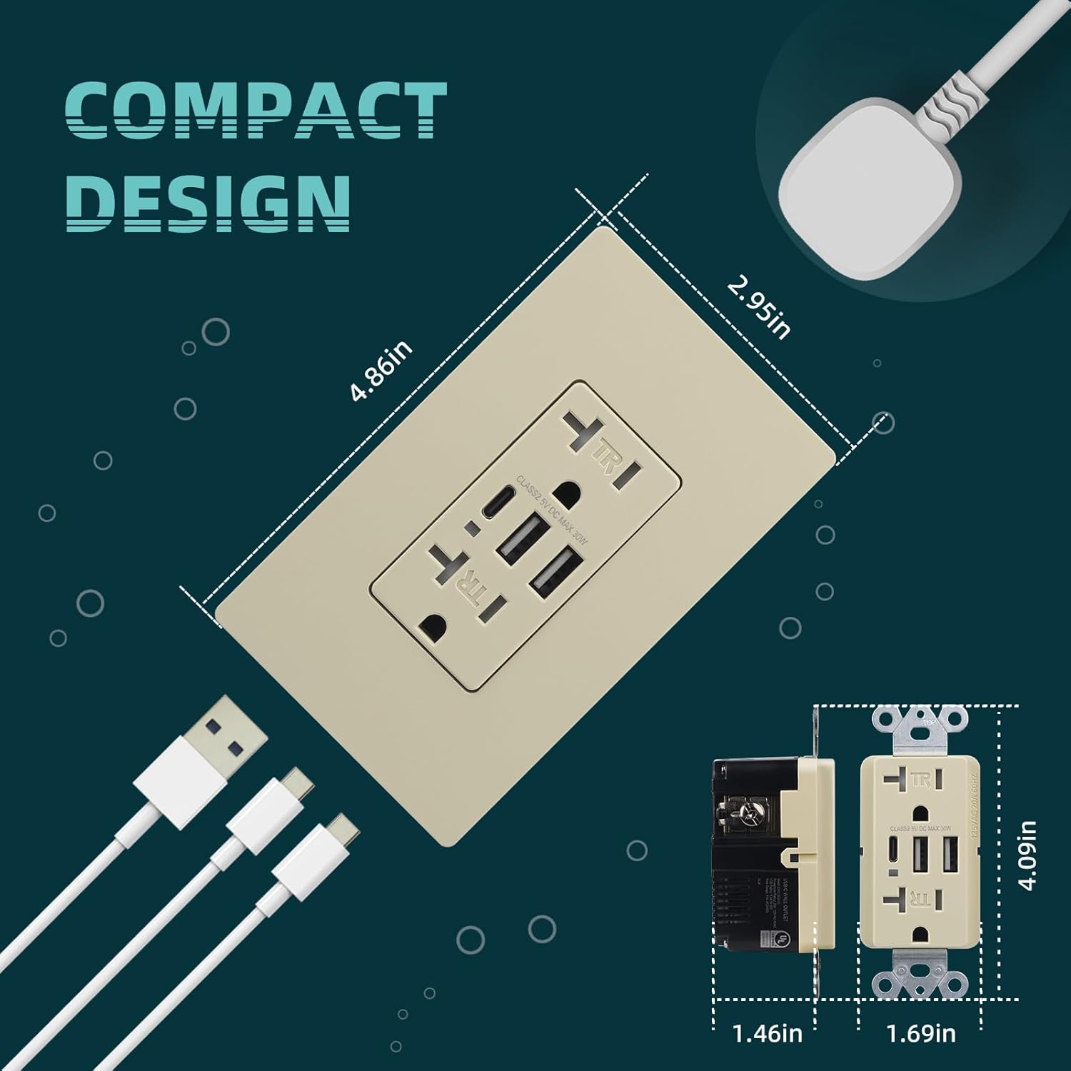 TOPELER 2 Pack USB C Wall Outlet, 30W 6.0A USB Receptacle, 20A Duplex Receptacle with Tamper Resistant, Power Outlet with 3-Port, UL & FCC Listed, Screwless Wall Plate, Ivory