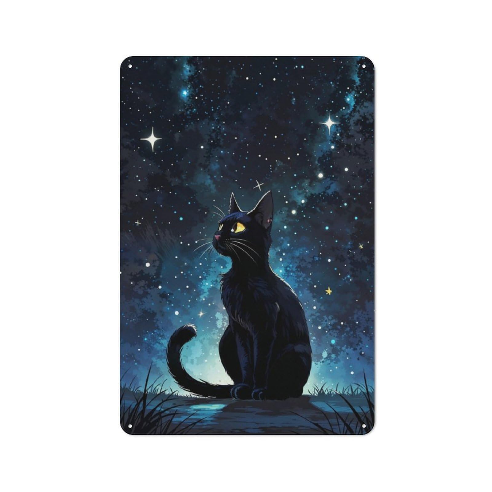 Tin Sign 30x20cm with Black Cat Under Starry Sky for Hallway Wall, Retro Decor, Suited to Hallway Decor Lovers