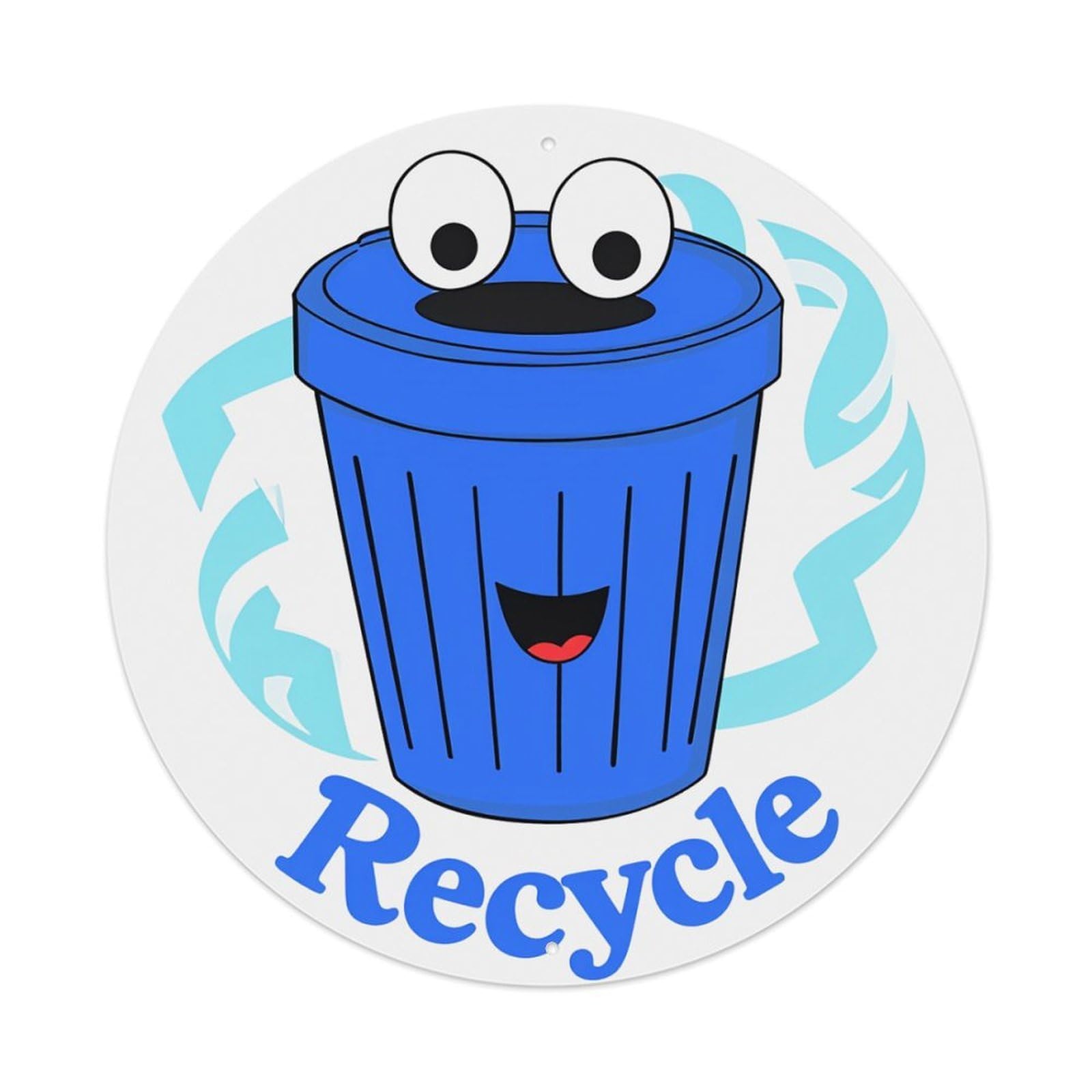Blue Bin With Eyes And Smile Round Tin Sign Retro Metal Sign for Cafe Bar Pub Home Game Room Gym Club Wall Decoration Vintage Metal Poster 8x8 Inch
