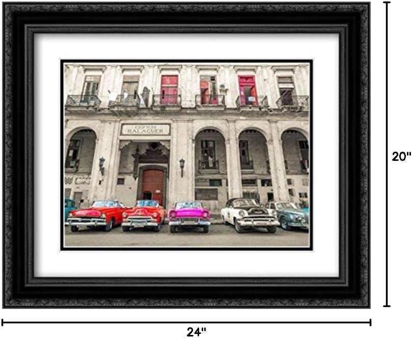 Traditional Cuban Cars Parked in Row by The Road in Havava, Cuba, 2X Matted 24x20 Black Ornate Framed Art Print by Frank, Assaf