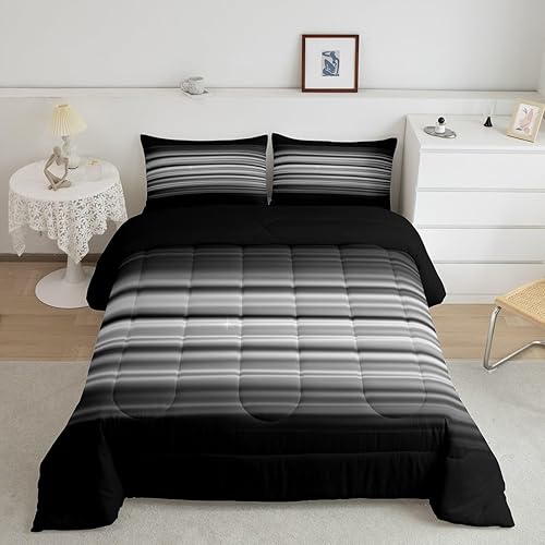 Erosebridal Juego de edredón negro blanco y gris para hombres y niños, edredón abstracto abstracto gris neón degradado para niños, juego de ropa de
