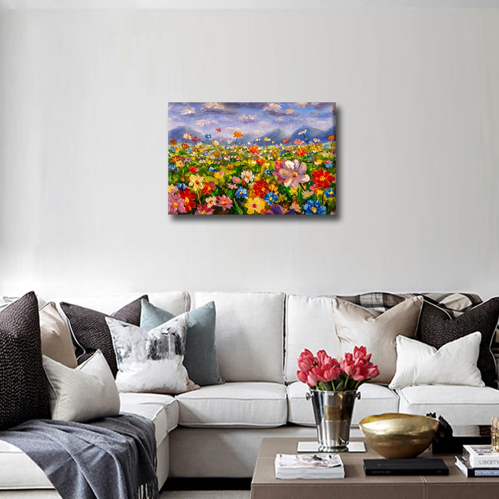 TISHIRON Flowers Painting Wall Art Canvas Prints,Flower Field Landscape Oil Paintings Impressionism Artwork Wall Artwork Framed for Bathroom Living Room Bedroom Home Office Decor 12X18 in - Image 3