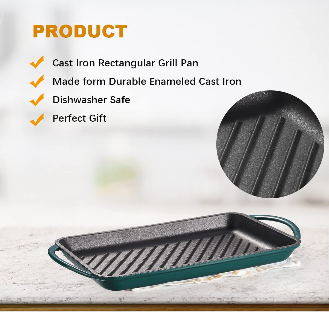 NSIRONS Enameled Cast Iron Grill Pan (Dark Green)