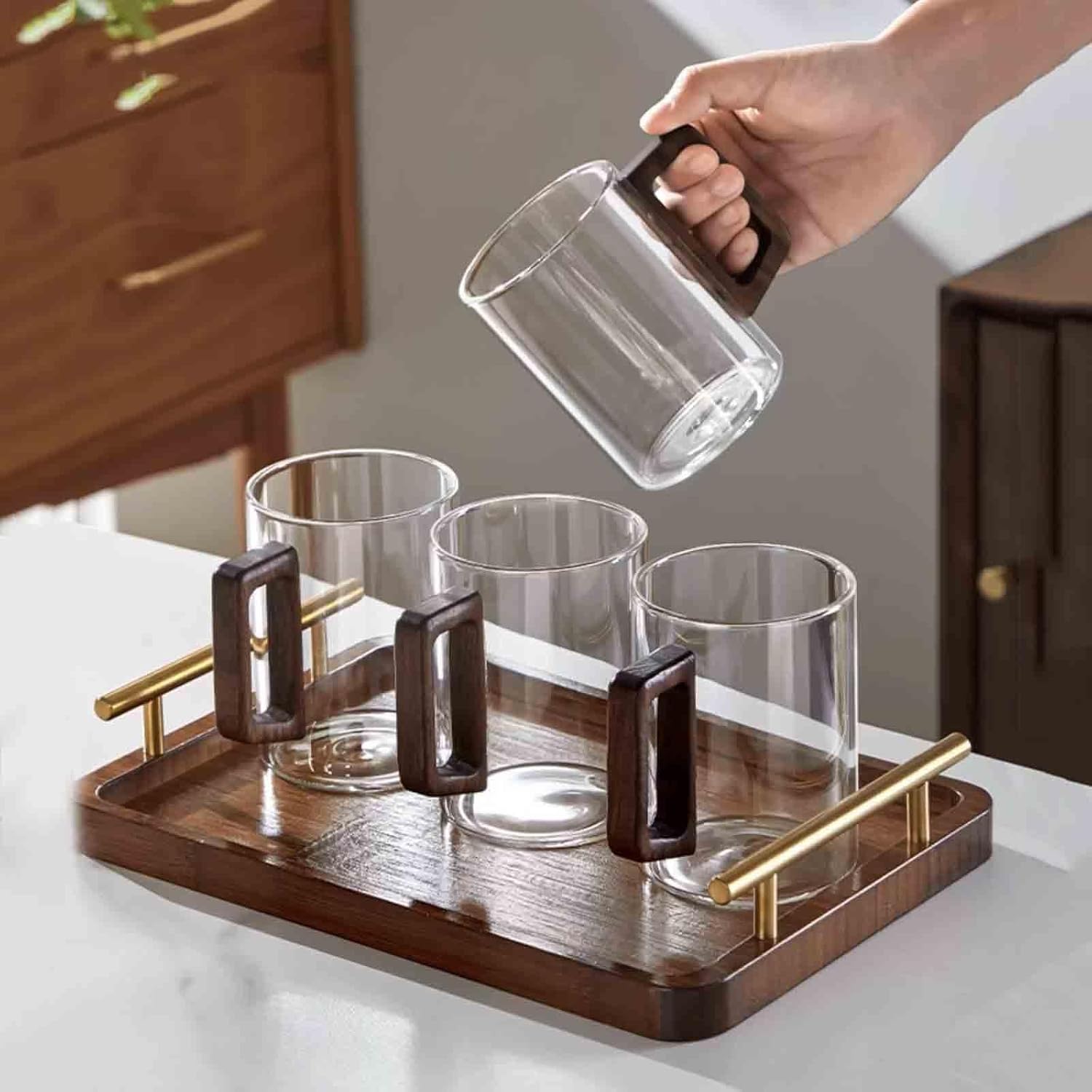kitchen glasses Classic Glass Mugs with Wooden Handle, Clear Borosilicate Drinking Glasses for Tea, Coffee, Milk and Juice(Gris,Small)