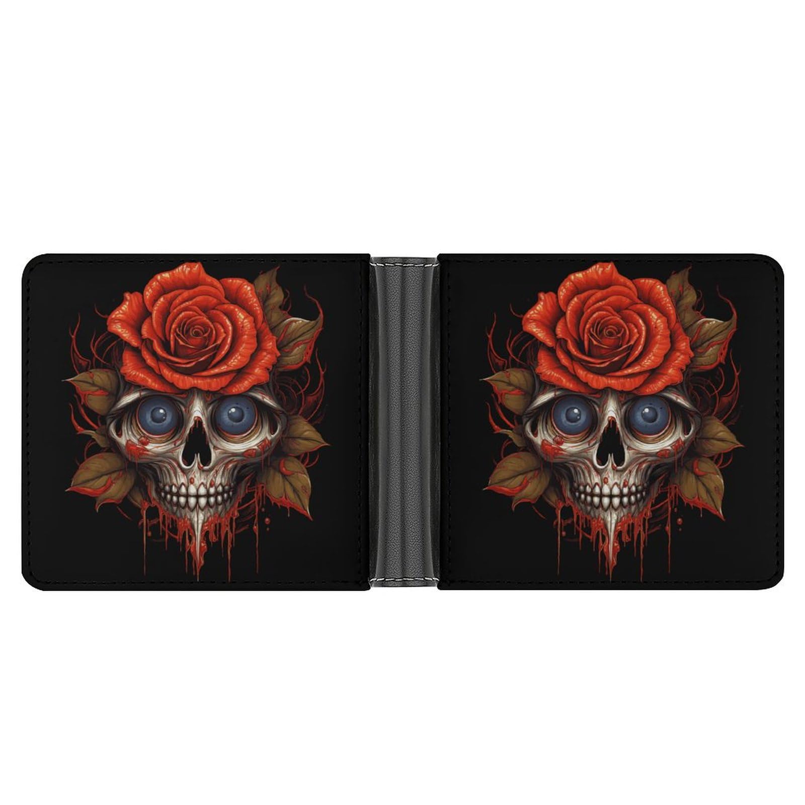 Skull Rose Bifold Wallet PU Leather Coin Purse Lightweight Credit Card Holder Wallet Money Clip