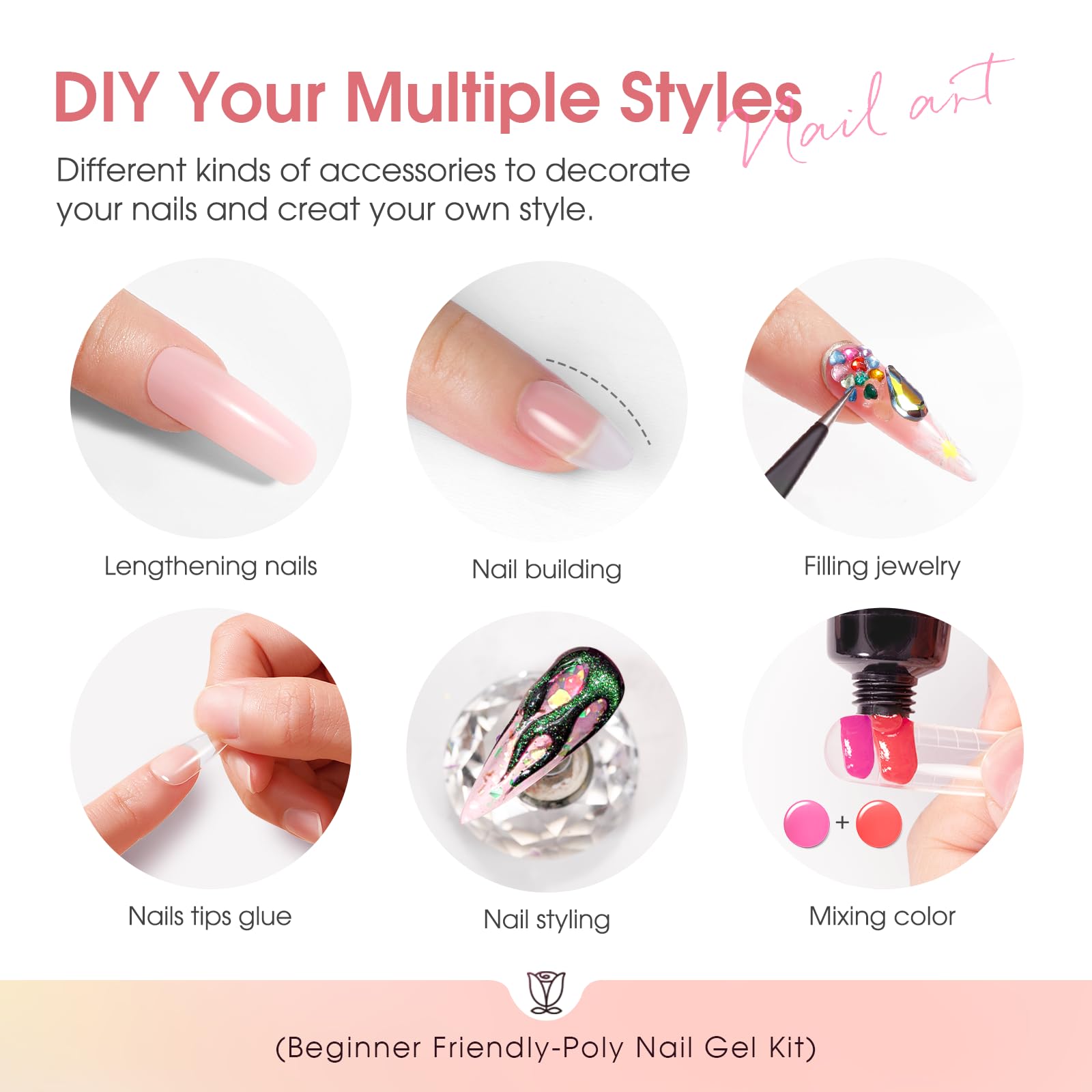 ROSALIND Gel Unghie Ricostruzione Kit Completo, 8pcs 10ml Poligel con Base & Top Coat, Lampada UV e Strumenti, per Fai Da Te a Casa, Professionale Salone, Kit Unghie Gel Nail Art