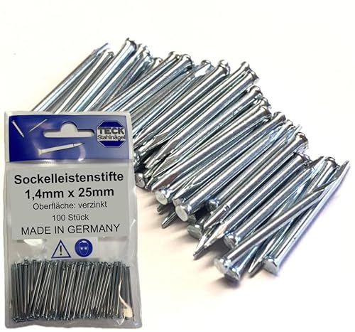 TECK Stahlnägel Stahlstifte Sockelleistenstifte 1,4 x 25 mm, Flachkopf, 100 Stück, verzinkt | extra stark für Mauerwerk, Beton und Ziegel |