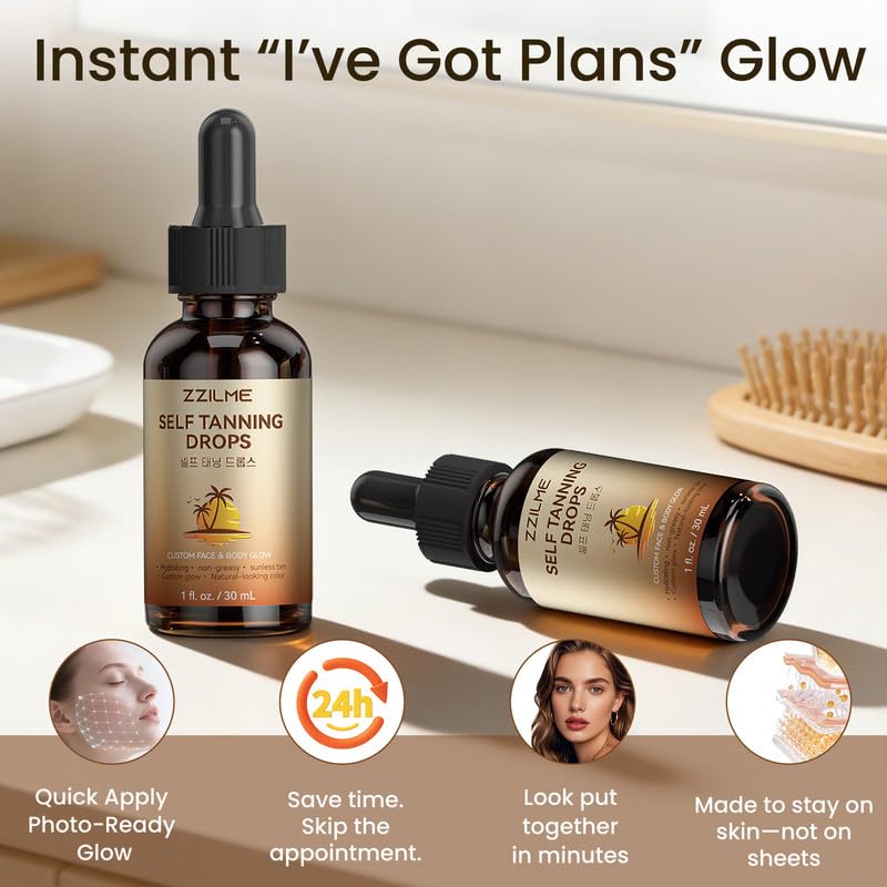 Self Tanning Drops for Face & Body - Customizable Glow with Niacinamide, Vitamin C & Hyaluronic Acid, Gradual Sunless Tanner Serum, Non-Comedogenic Bronzing Drops 0.91 fl oz