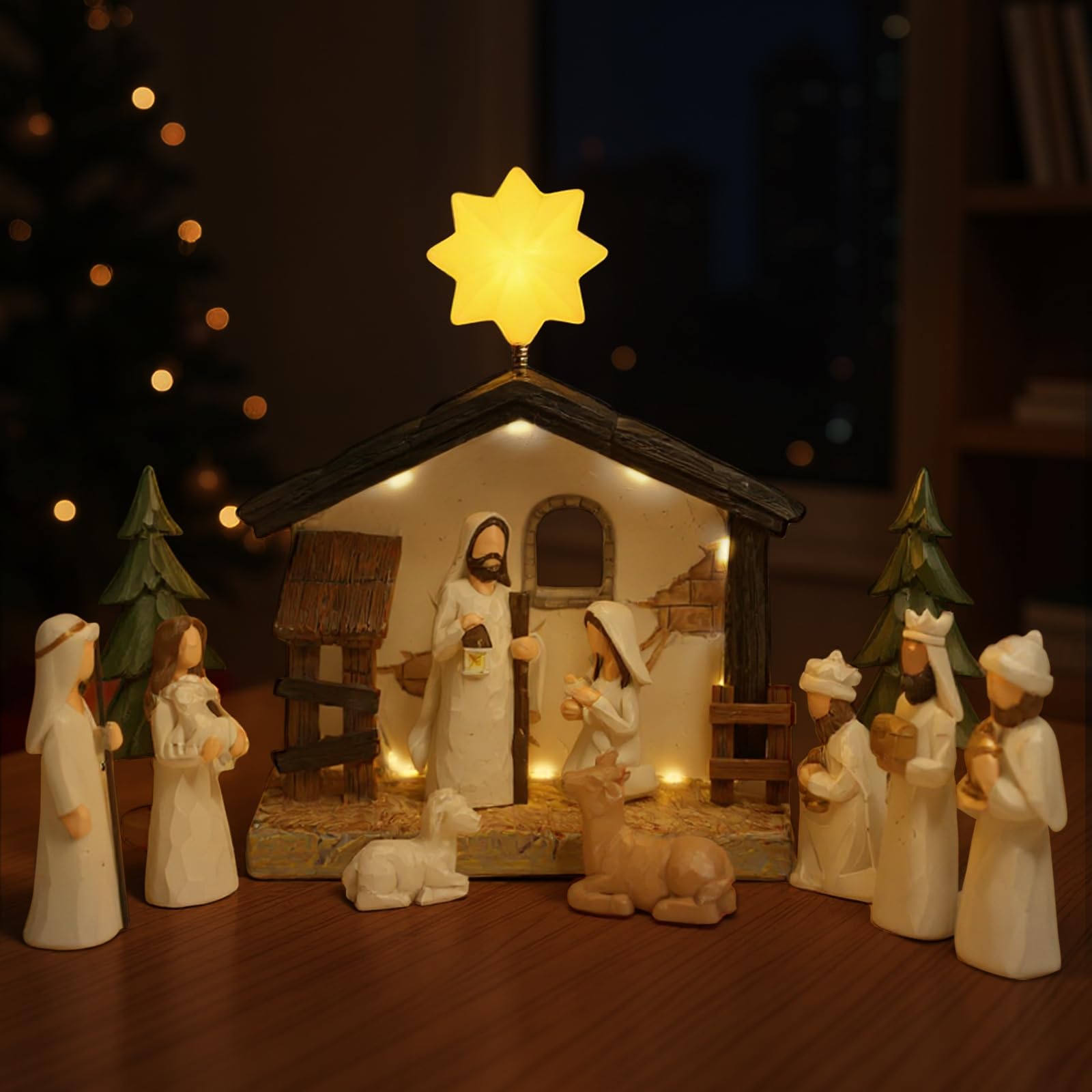 Top-spring Krippenfiguren Set, Weihnachtskrippe mit Beleuchtung, Krippe Weihnachten Komplettset, Krippenfiguren klein, Krippenstall, Weihnachtskrippen Indoor, Nativity Scene (13er Set)