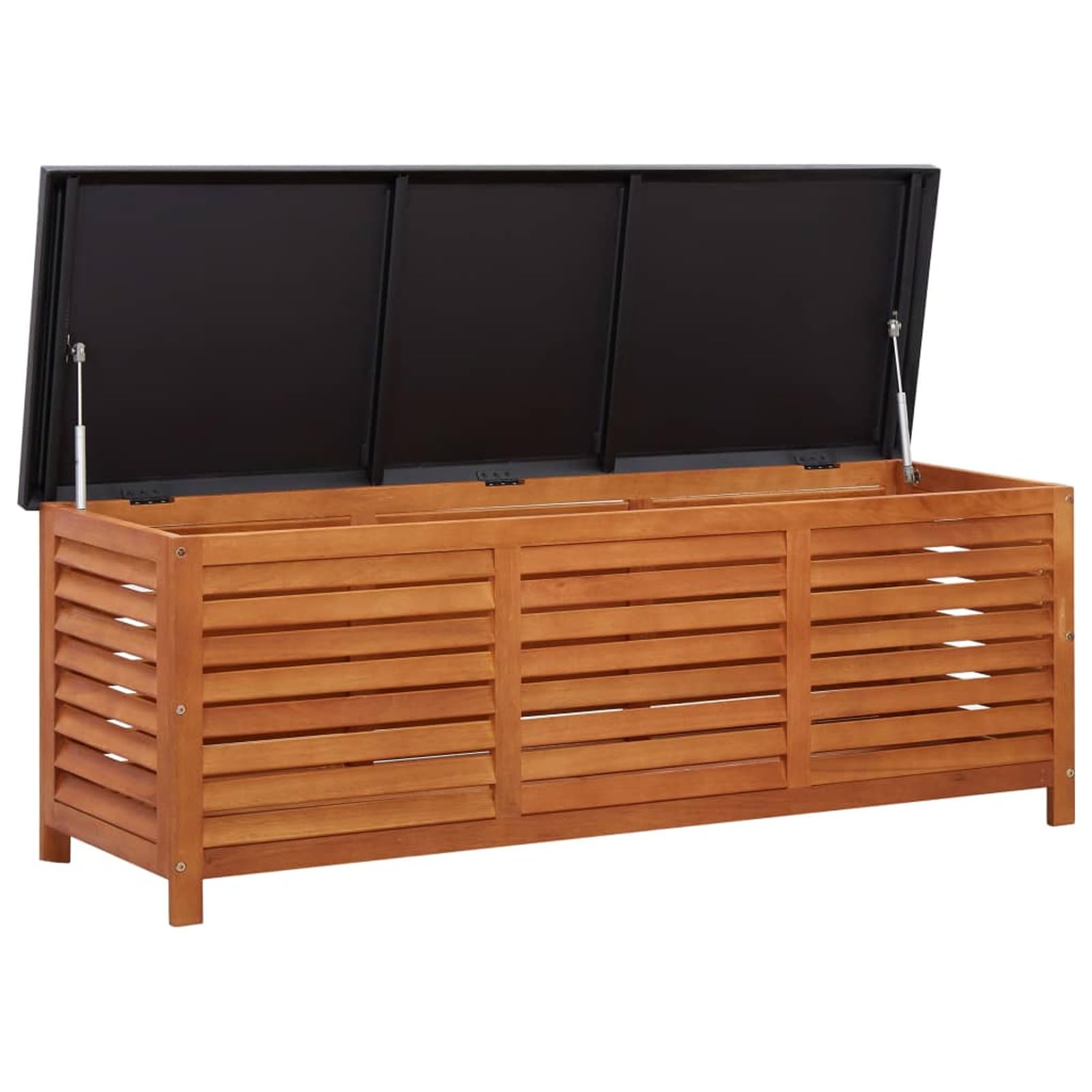 Gartenbank 150 x 50 x 55 cm aus Eukalyptus-Massivholz, Sitzbank aus Tannenholz, Truhe für den Außenbereich mit rutschfesten Füßen
