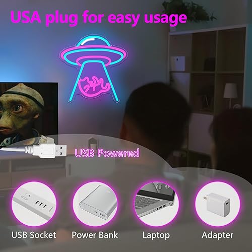 Miniatura 4 de Letreros de neón para decoración de pared, luz de neón para gato, alimentada por USB, regulable, platillo volador, letrero luminoso para dormitorio,