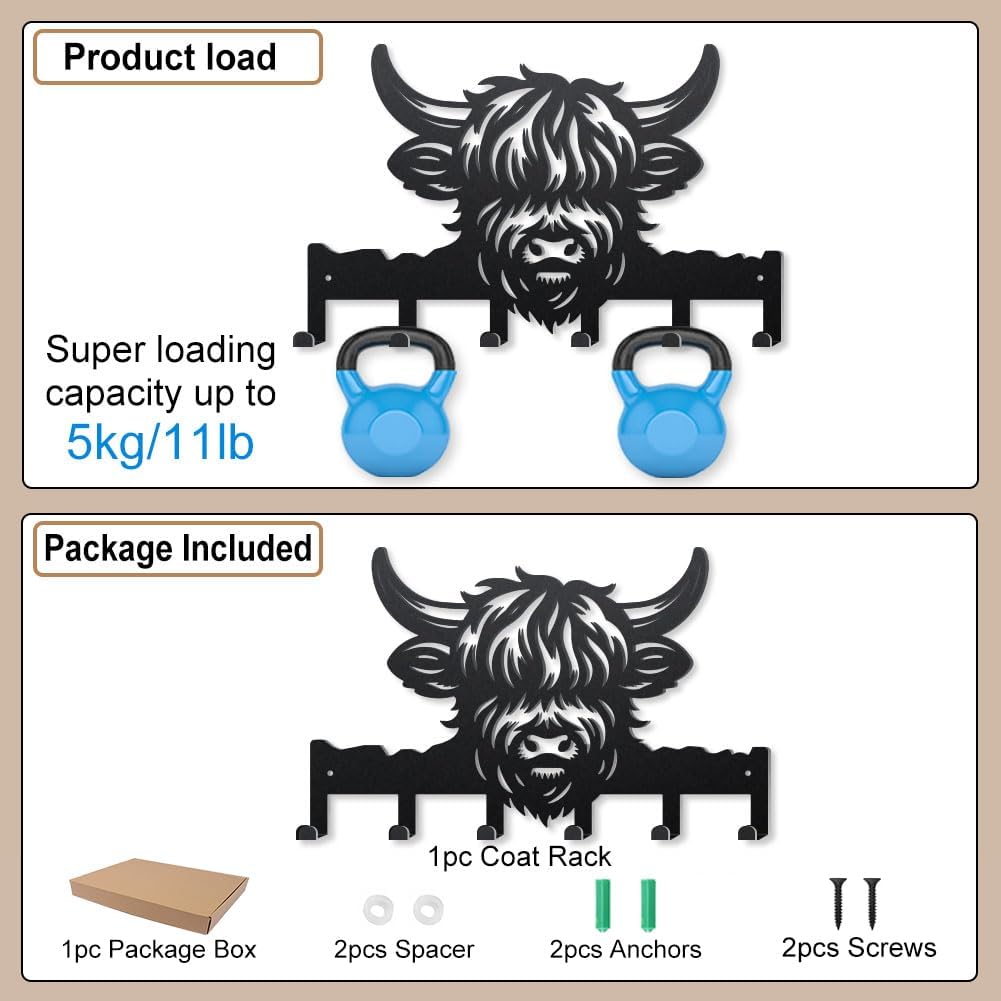 MAYJOYDIY Highland Cattle Key Holder Wall Mount 15.7×9.8inch Bullhead Animal Metal Towel Hook Coat Hanger with 6 Hooks Black Cow Wall Decorative Key Rack for Entryway Hallway Farmhouse