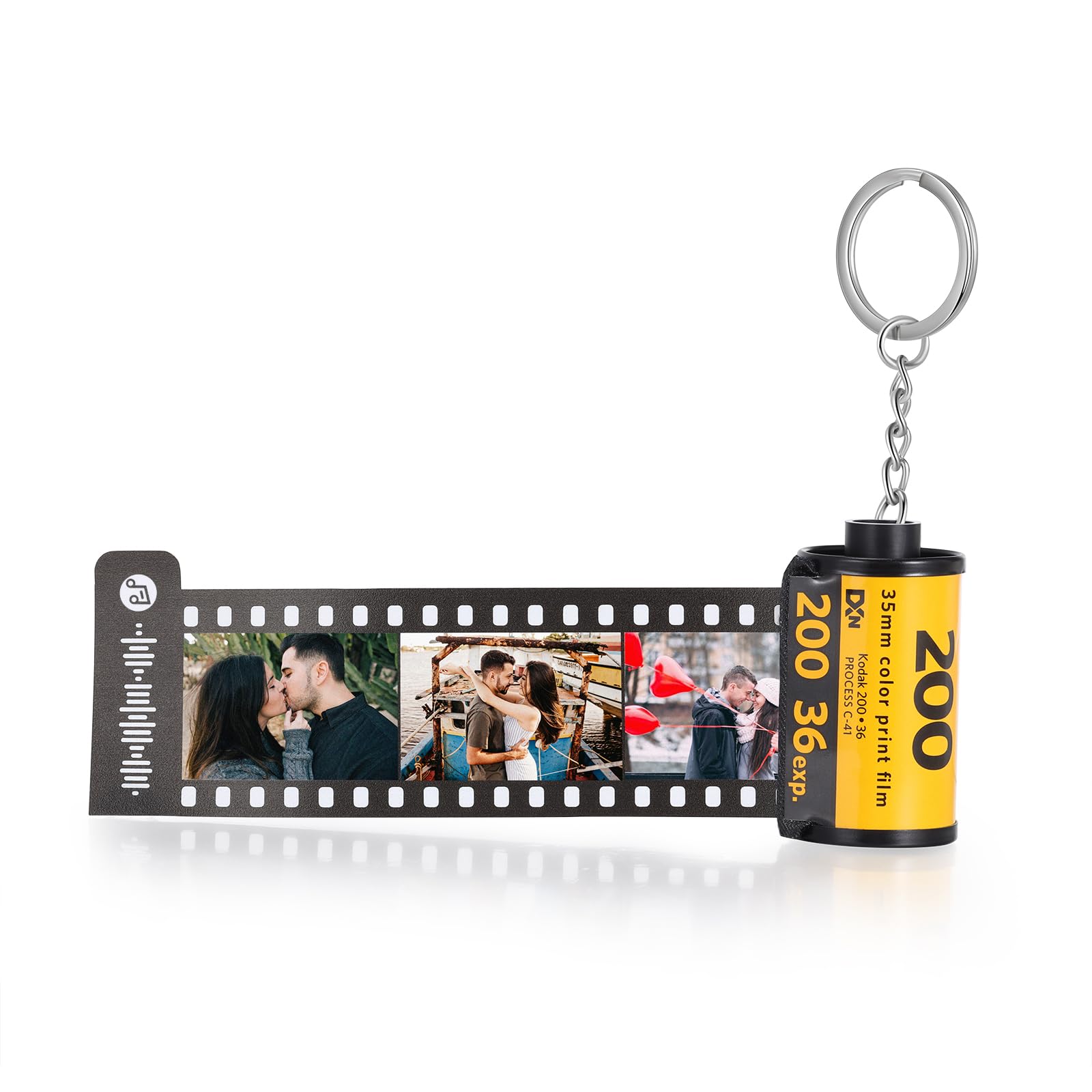 Jewelstruck Llavero personalizado con rollo de película fotográfica, llavero de cámara de fotos personalizado, regalos para novio, pareja, mejor amiga, 15 Fotos+código spotify, 47*25mm