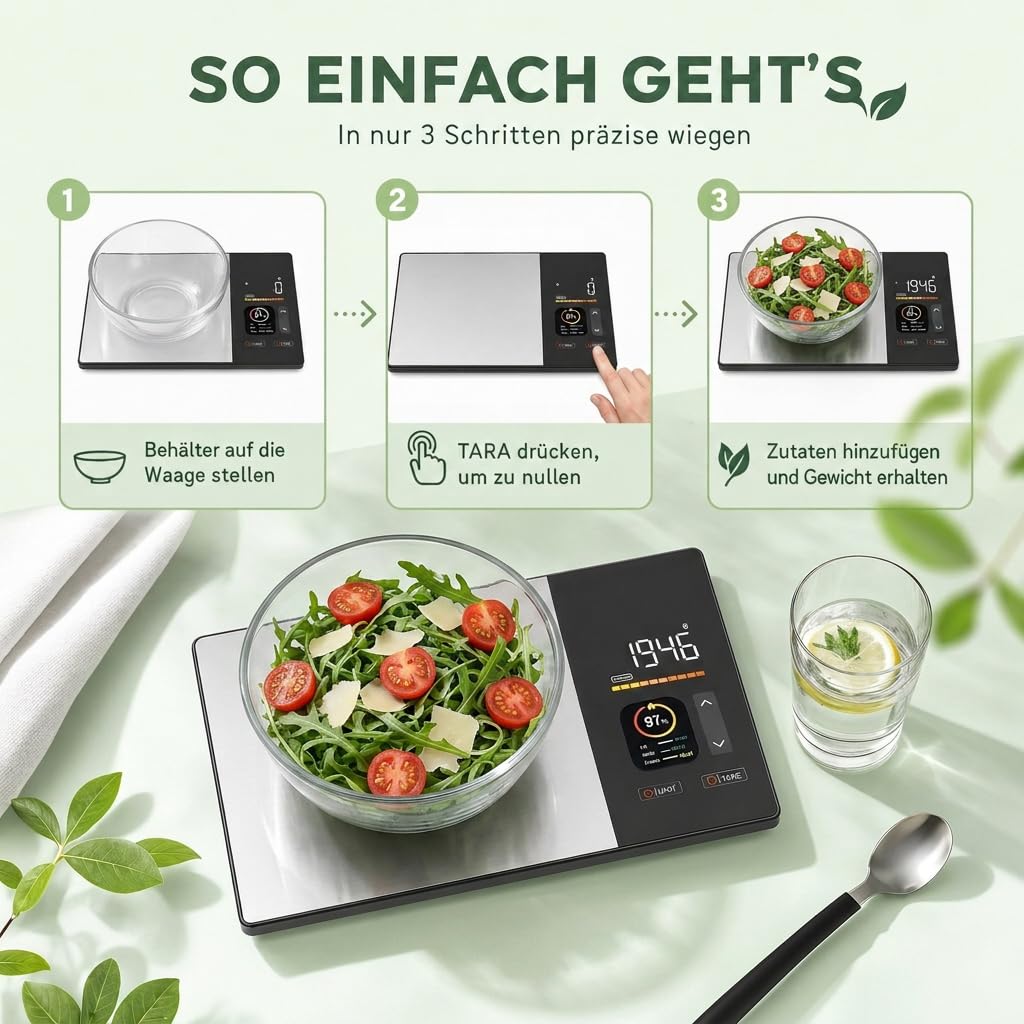 Bilancia da cucina digitale con contatore di calorie e calcolo dei valori
