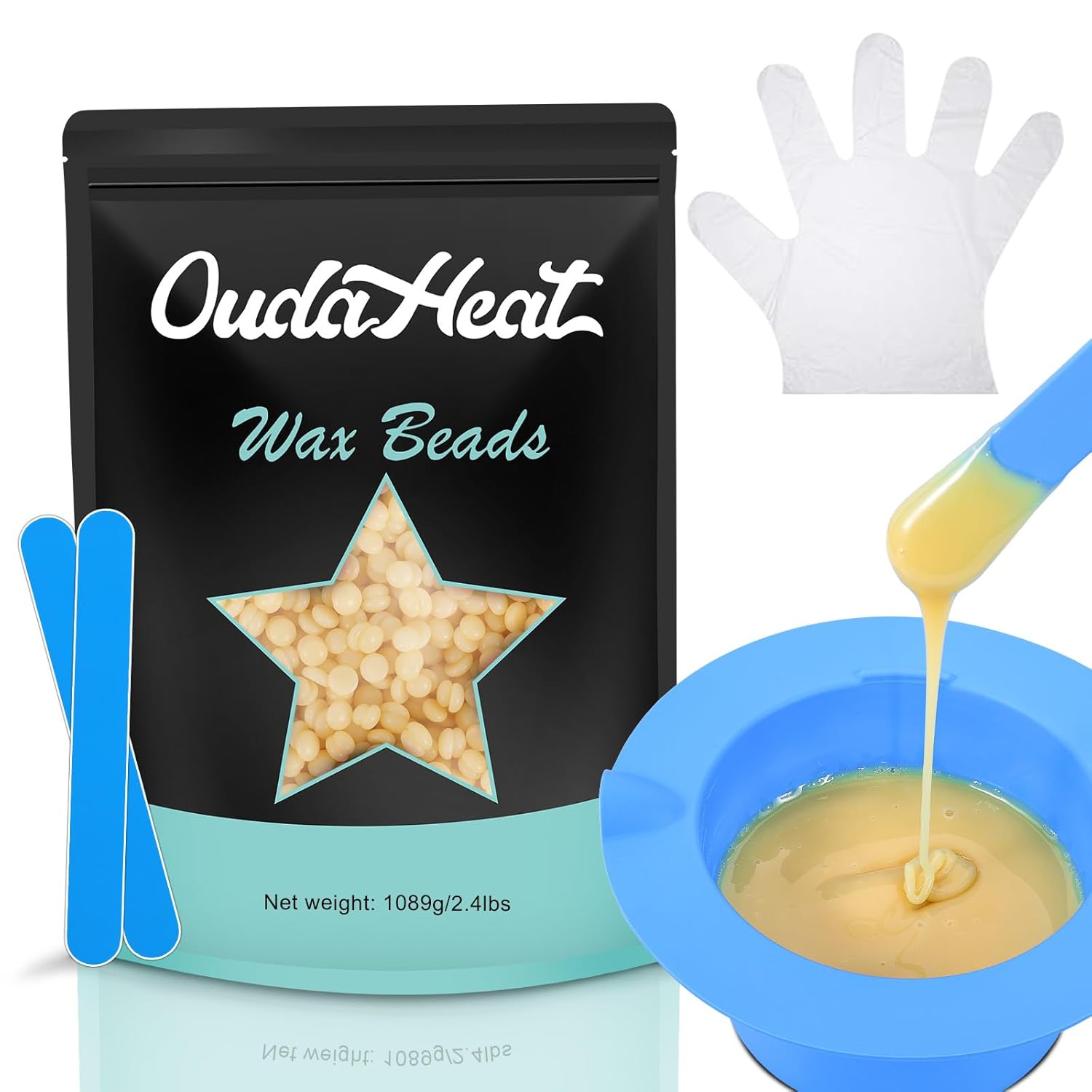 2.4 lb Hard Wax Beads Bulk, Professional Rosin-Free Brazilian Waxing Bead, Hypoallergenic Hair Removal Wax Bead for Sensitive Skin, Body, Bikini, Legs, Wax Beans Refill, 1 Silicone Pot and 5 Sticks