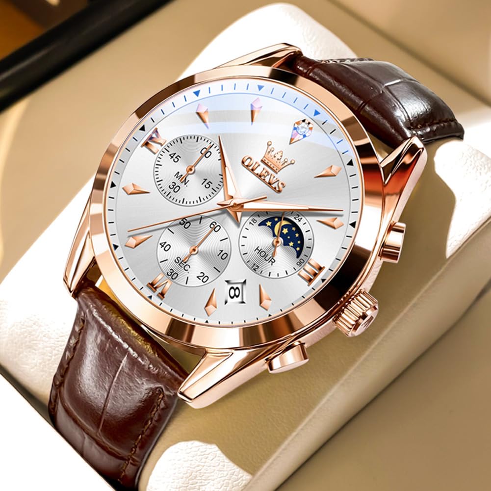 OLEVS Orologio da uomo analogico al quarzo con cinturino in pelle, quadrante grande e data, impermeabile, lussuoso, luminoso