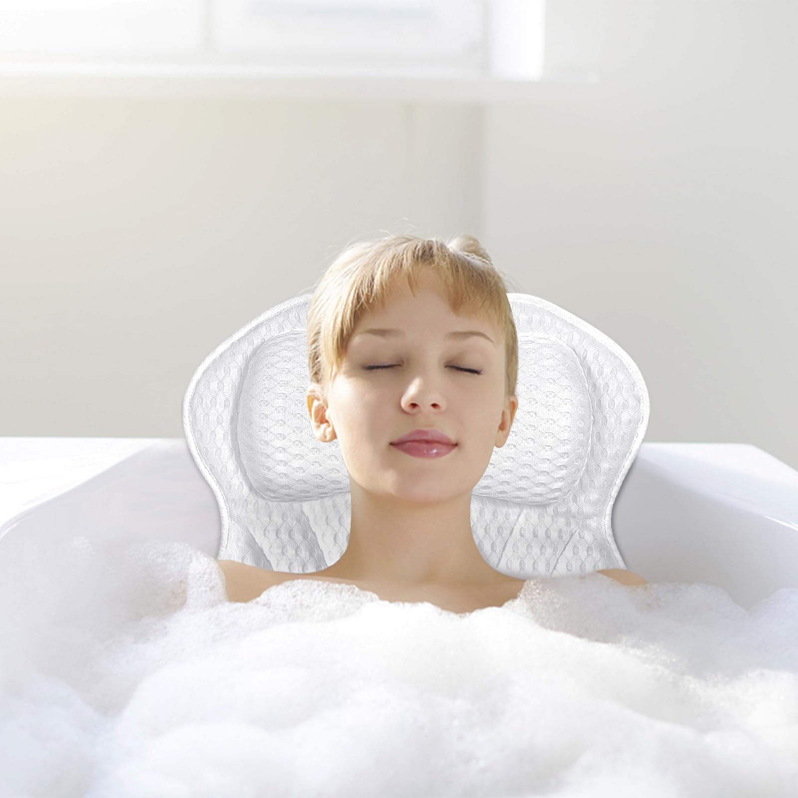 Purpledi Almohadas para Bañera，Almohada de Baño,Cojín de Bañocon 6 Ventosas Antideslizantes Tecnología 4D Air Mesh Cuello, la Espalda,para SPA en Casa Bañera de Hidromasaje (Blanco)