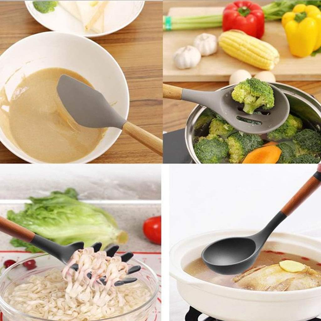 Silikonowe przybory kuchenne Zestaw przyborów kuchennych - 8 Naturalnych drewnianych silikonowych przyborów kuchennych - Zestaw przyborów silikonowych Zestaw szpatułek - Przybory silikonowe Przybory k