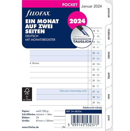 FILOFAX 24-68256 Calendar Insert 2024 Pocket 1 Month / 2 Pages White German