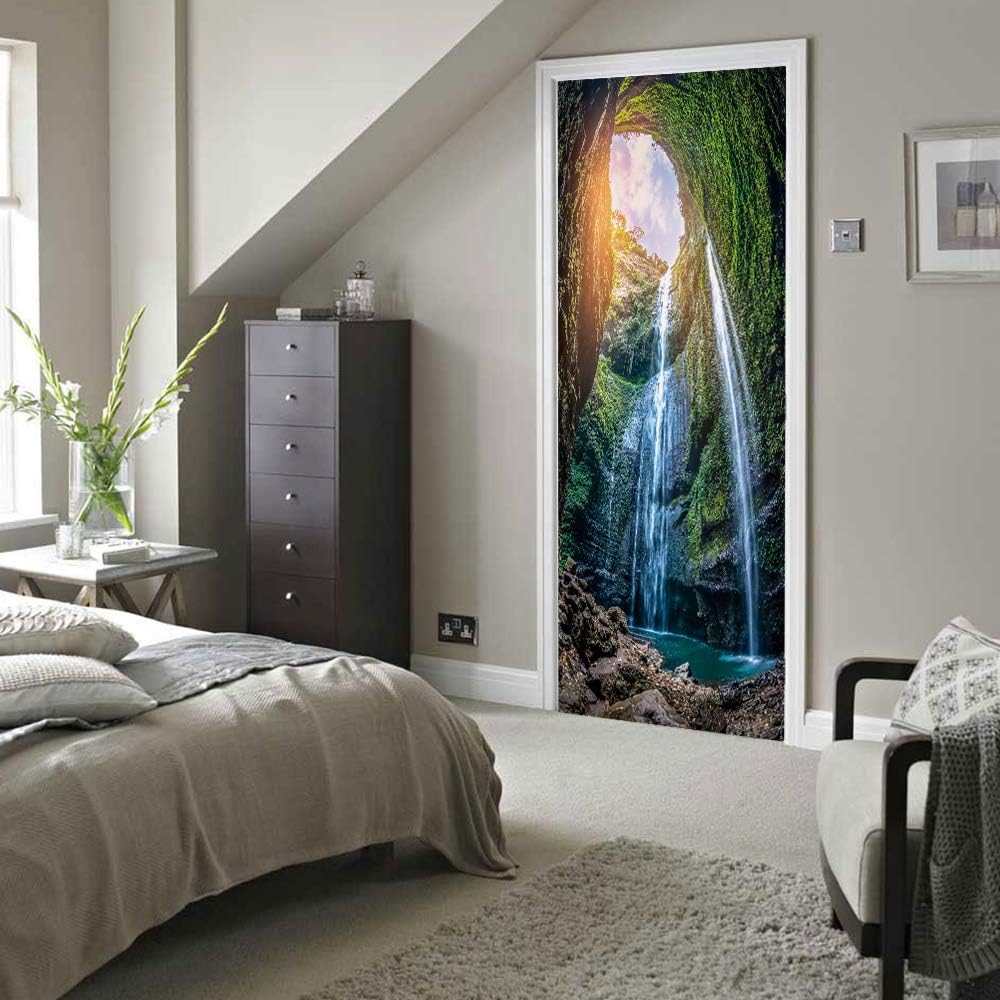 Nature Art Self Stick Vinyl Door Mural Sticker, Peel and Stick Removable Refrigerator Wrap Decal, Kiva Waterfall, 32.3x78.7, 2 Pcs Set