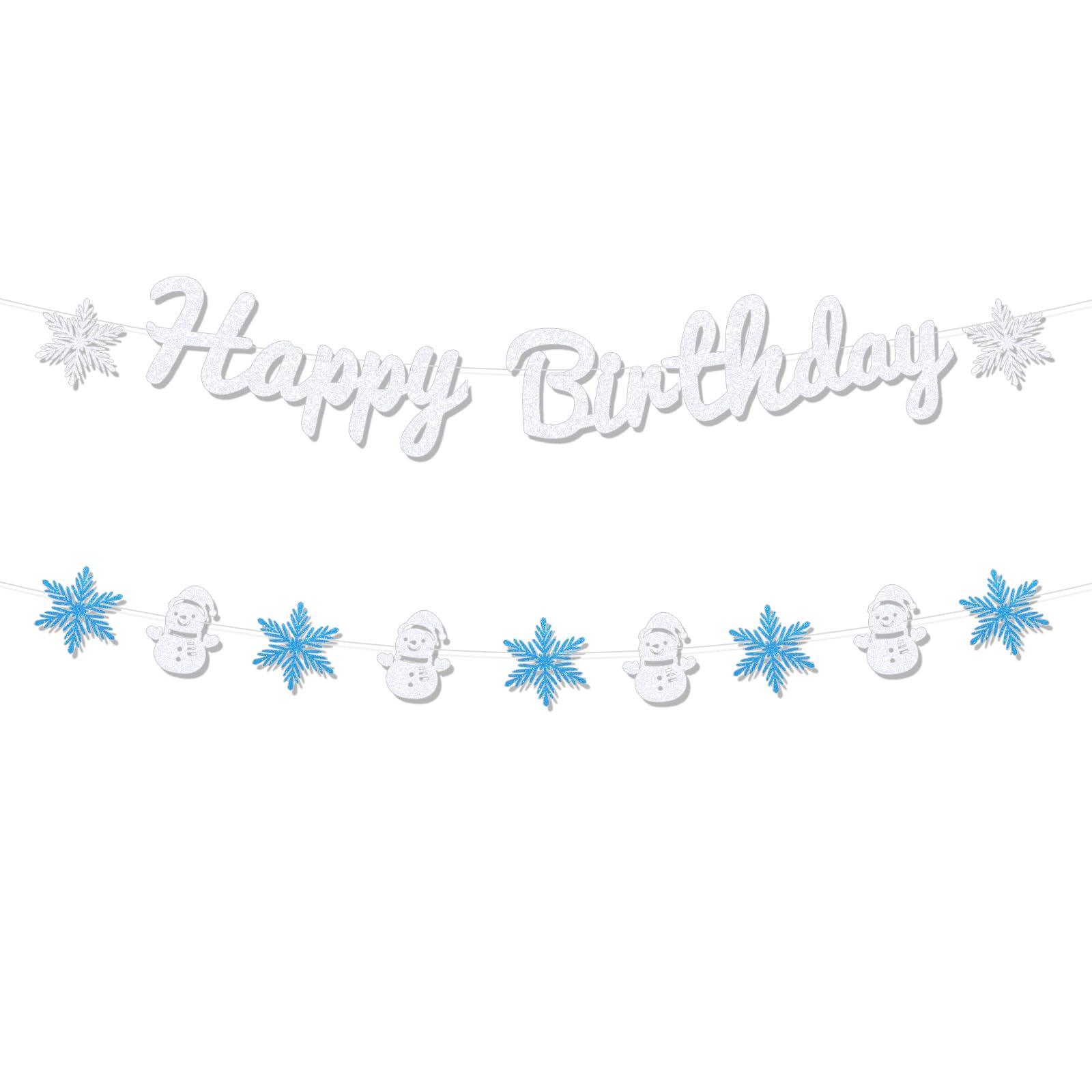 2pcs Winter Birthday Banner, Pre-Strung Blue White Silver Glitter Snowman Snowflakes Banners Hanging Winter Holiday Garland Christmas Ceiling Decor for Porch Outdoor Indoor