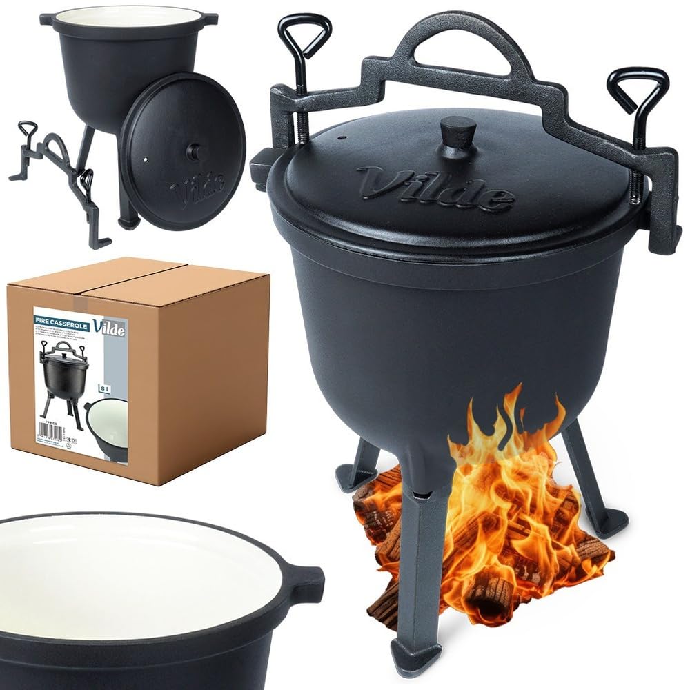Vilde Gusseiserner Kessel auf Füßen mit Deckel - 8 Liter Hexenkessel Gusseisen Schwarz - Ideal für Garten, Camping, Grill - 25,5 cm Durchmesser - Robuster, Hitzebeständiger Cauldron für Fleisch/Gemüse