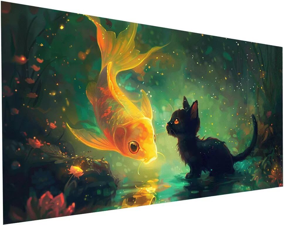 Peinture Diamant Poisson 5D Chat Broderie Diamant Grand Format pour Salon Lumineux