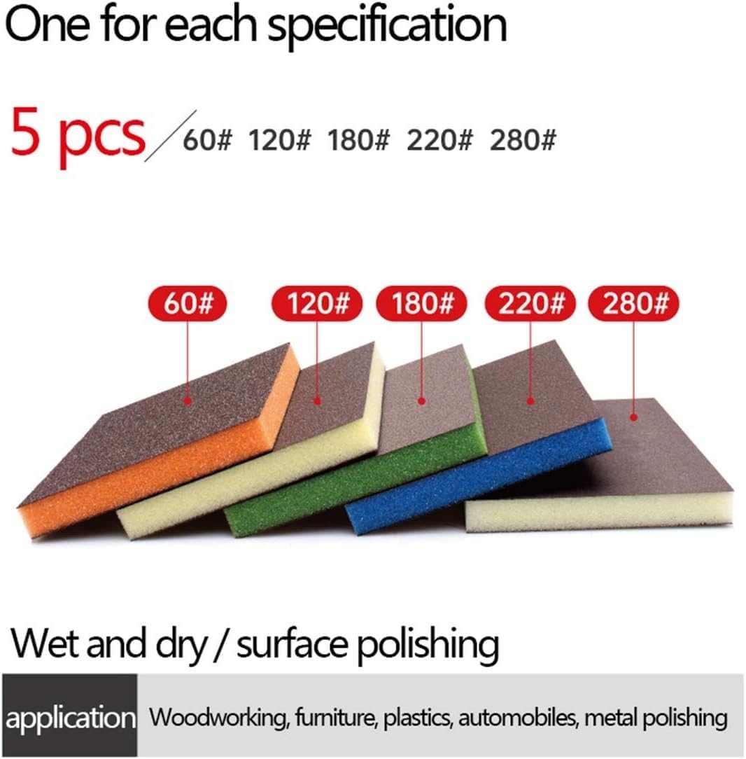 Sanding Block, 5-Piece Sanding Sponge Blocks Set - 60-280 Grit for Woodworking, Metal, and Drywall - Washable and Reusable