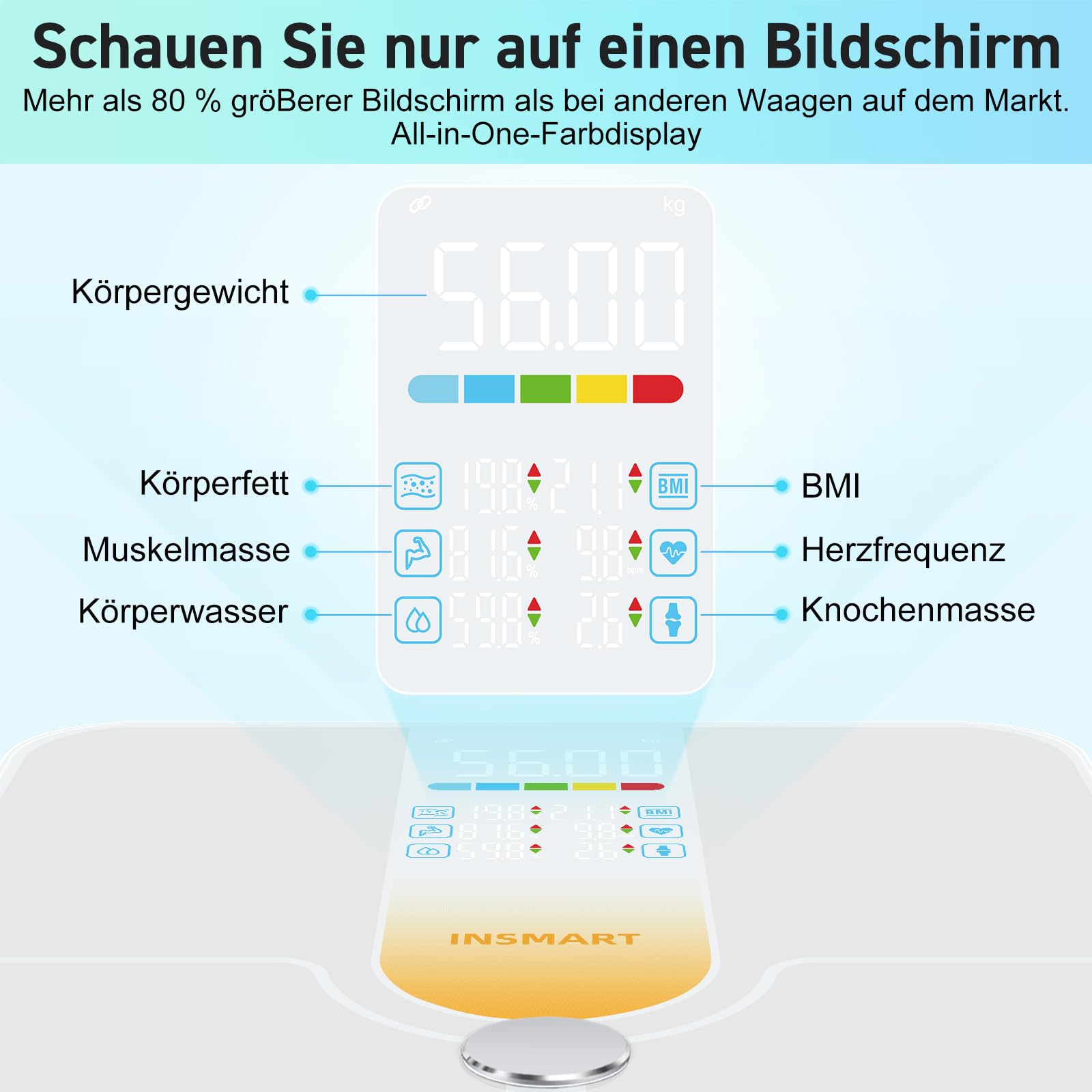 INSMART Inteligentna waga z dużym wyświetlaczem, waga 227 kg/500 lb z aplikacją/Bluetooth/czujnikiem pełnej powierzchni, waga osobowa analizuje 18 danych pomiarowych, BMI, wagę, tkankę tłuszczową