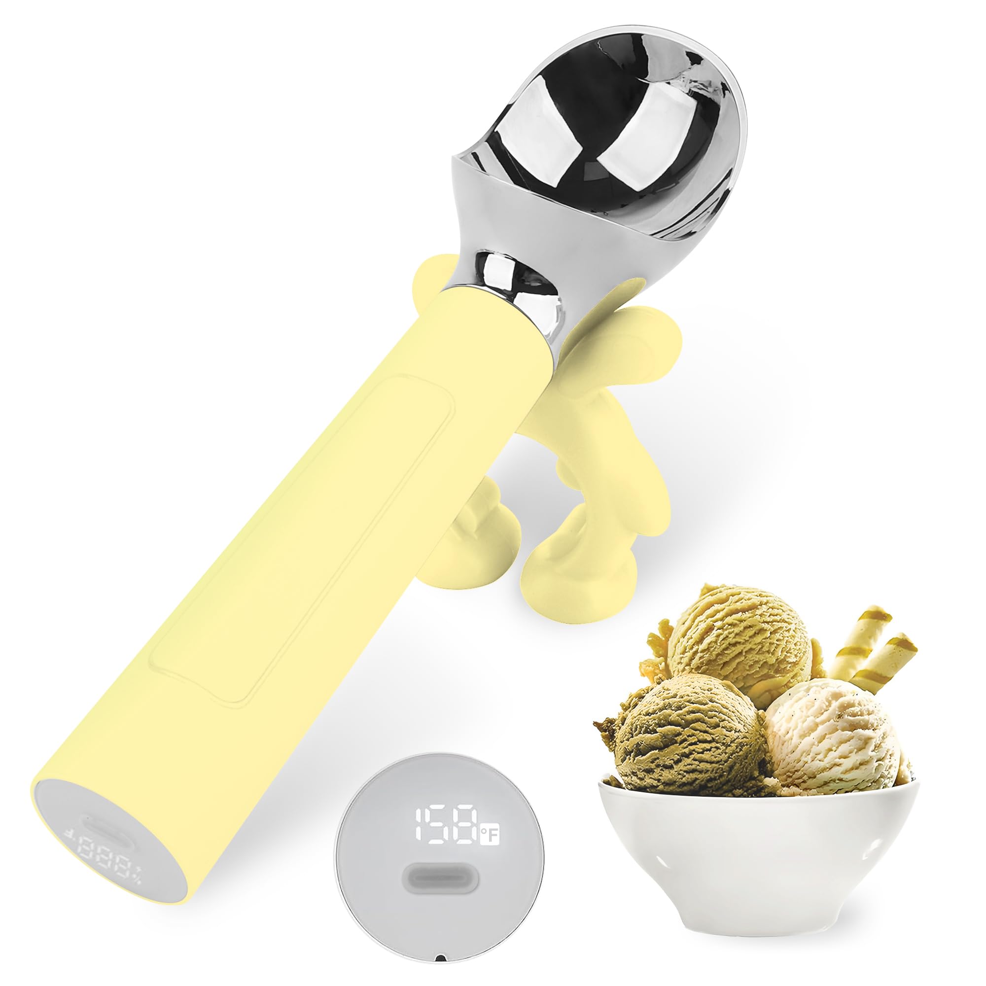 LT LAUDTEC Heated Ice Cream Scoop, Rechargeable Electric Warming Scooper, Heats to 158F for Hard Ice Cream, IP67 Waterproof, Easy for Seniors &amp; Kids (Yellow)