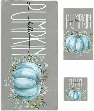 Bath Towel Sets, Thanksgiving Farmhouse Pumpkin Bathroom Towels Soft Hand Towel Washcloth Cotton Towel Set,Absorbent Soft Bath Set for Hotel Beach Pool Eucalyptus Leaf on Gray Towels