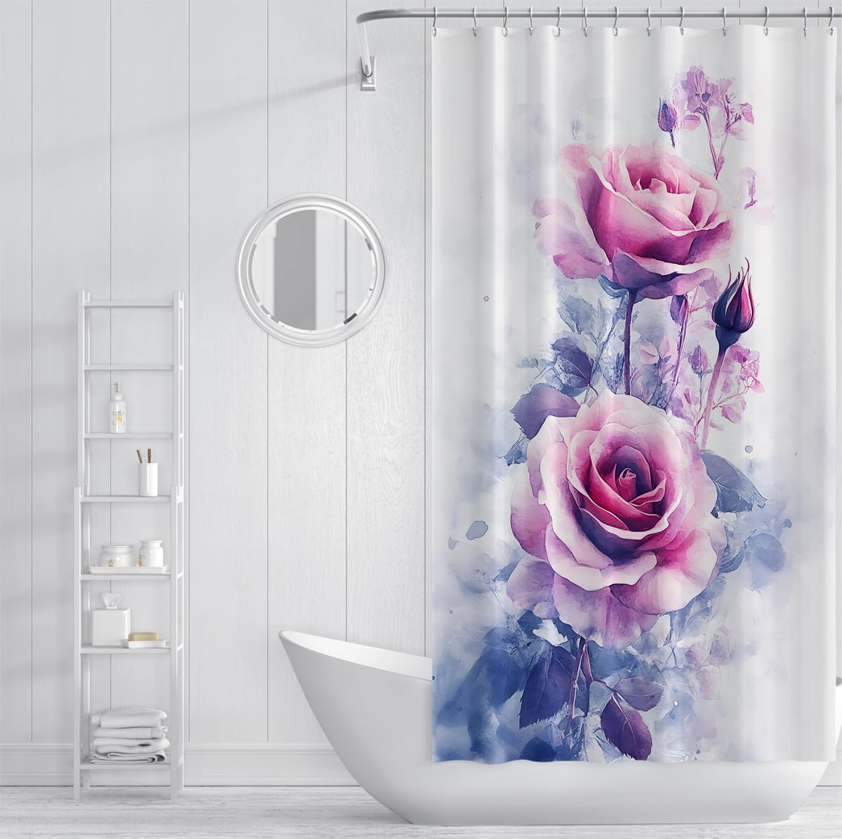 Rideau de Douche Blooming Roses pour Salle de Bain Tissu botanique Romantique Rideau de Baignoire Rideaux de Toilette à Fleurs lavables imperméables avec Crochets W180xL180 cm