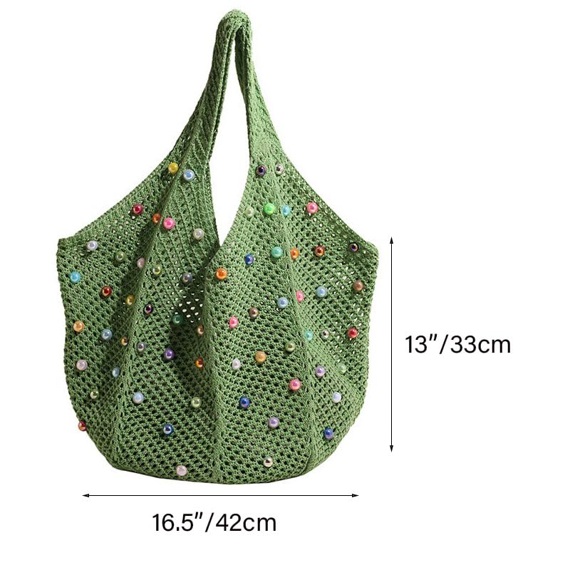 Image of Boho Crochet Beach Tote Shoulder Bag with Colored Beads | Colorful Aesthetic Hippie Knit Bag for Women