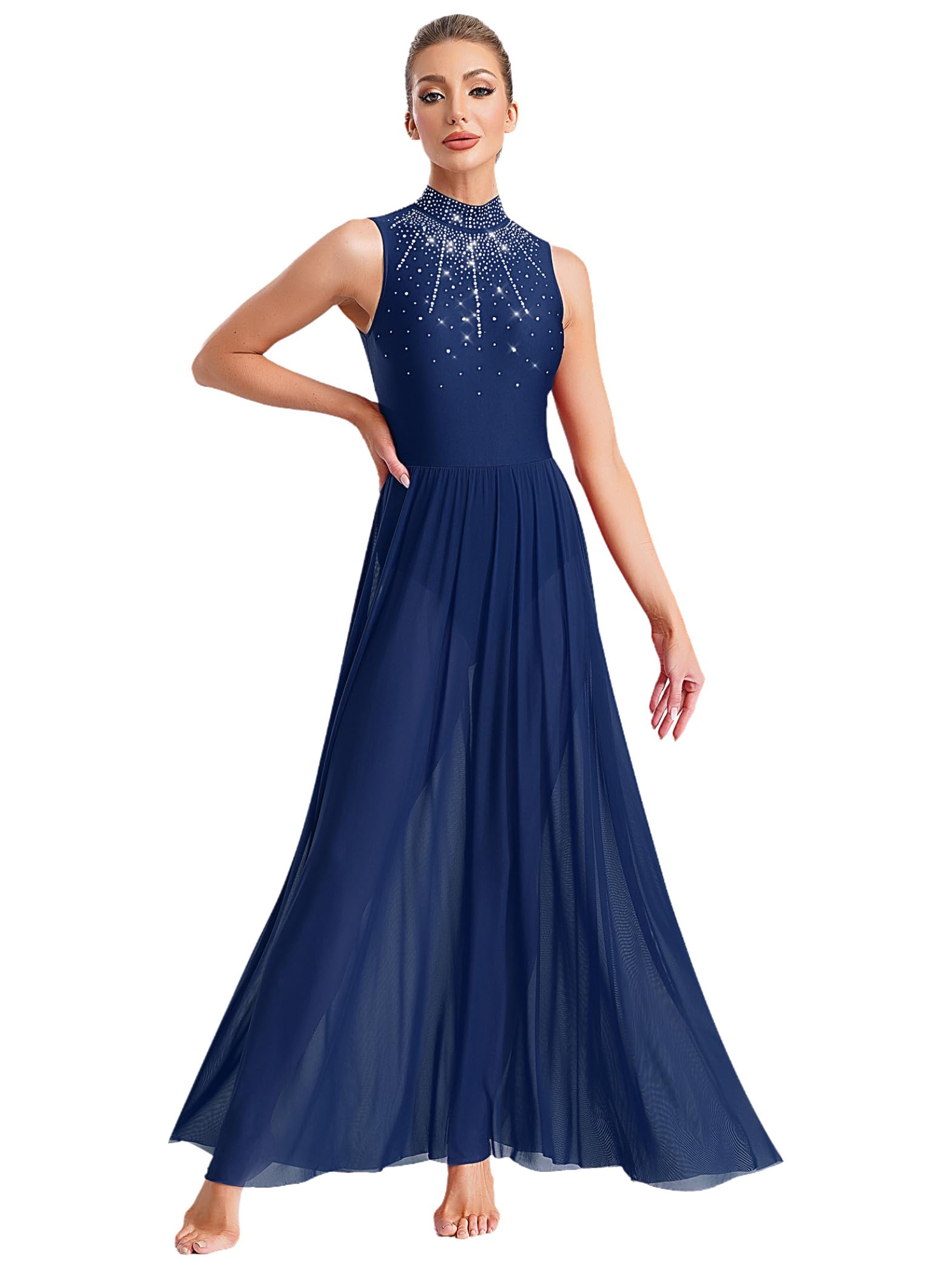 Robe de Danse Lyrique à Paillettes pour Femmes avec Jupe Longue Swing pour Valse Tango Moderne Contemporain Danse de Salon Vêtements