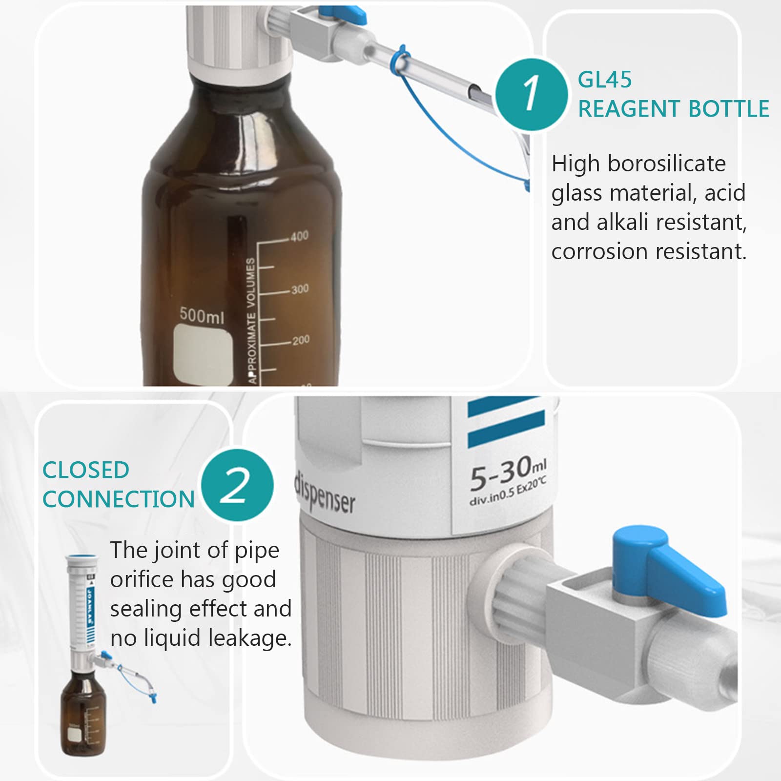 Laborspender (0.4-60 ML), Flaschenaufsatz-FlüSsigkeitsspender, HüLsen-Dosierflasche, Mit Doppeltem Sicherheitsventil/Digitalfenster, FüR Wissenschaftliche Forschung,2-10ML