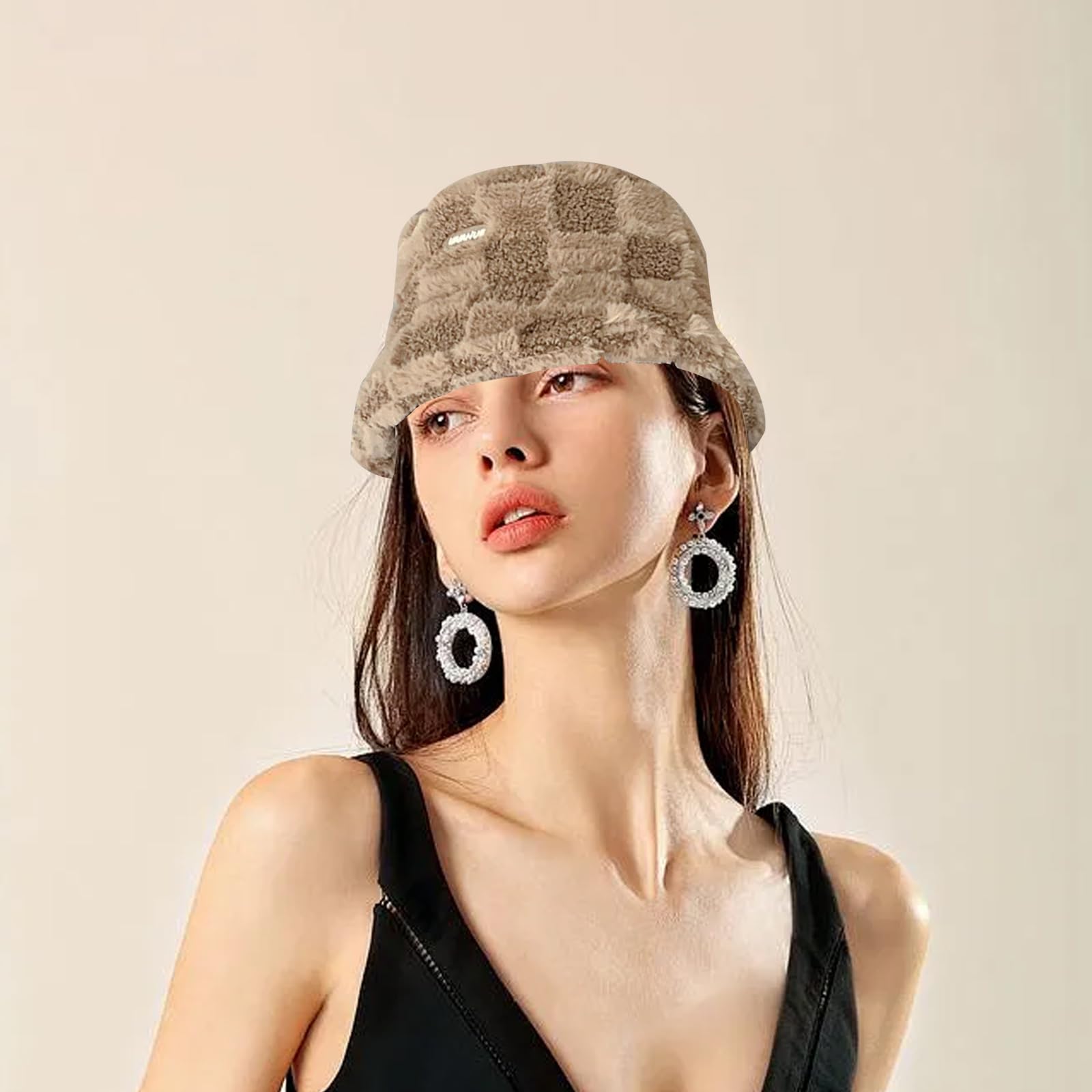 Pluszowy kapelusz rybacki, khaki w kratkę, ciepły kapelusz typu bucket hat, damski kapelusz zimowy, odporny na zimno, pogrubiony kapelusz wędkarski, nadaje się do użytku wewnątrz i na zewnątrz
