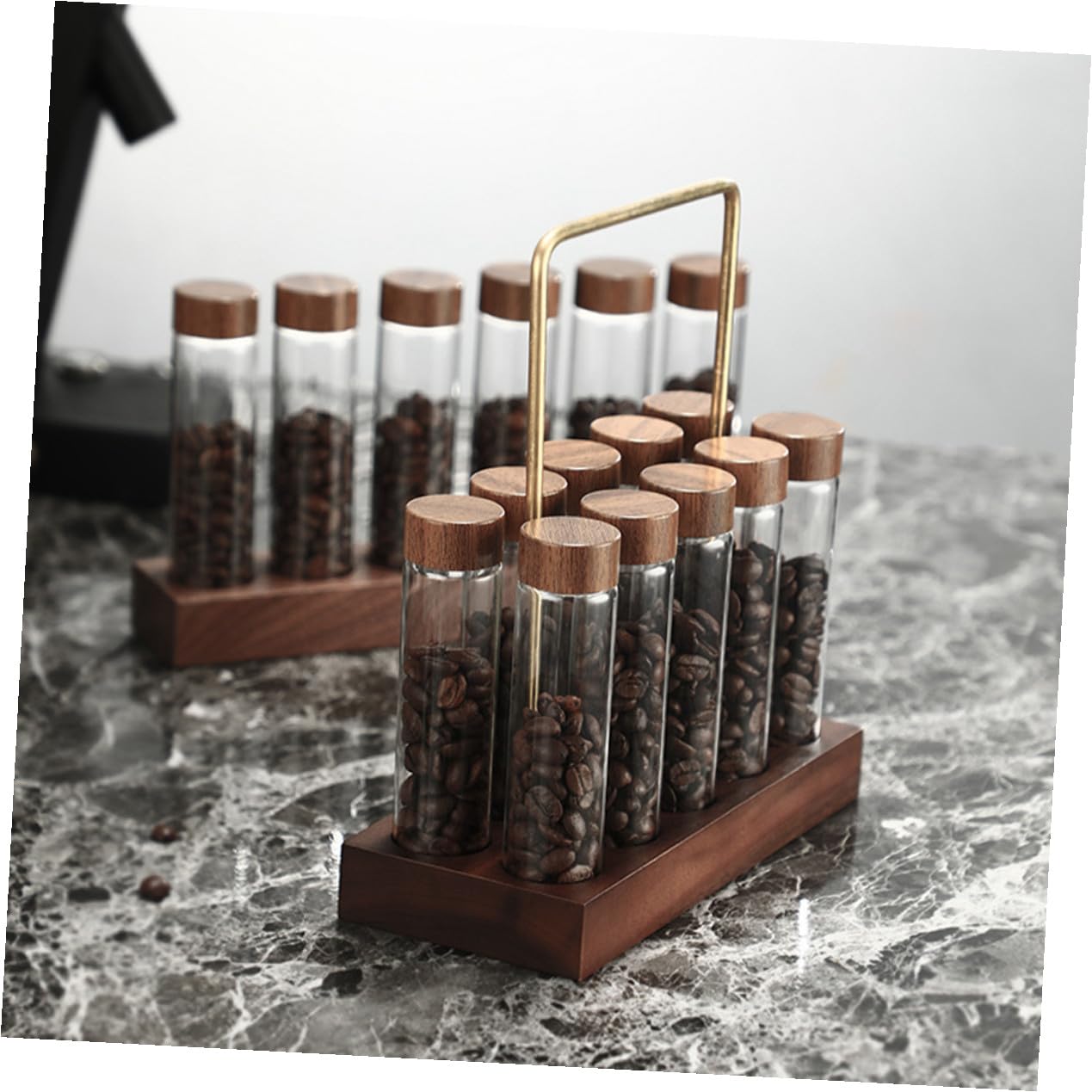 Ipetboom Teiliges Kaffee bohnen aufbewahrungsset Glasröhrchen mit Holzständer Luftdichte Kaffeebohnen Behälter Transparent Wiederverwendbar Stilvolles Küchen display für Kaffee liebhaber