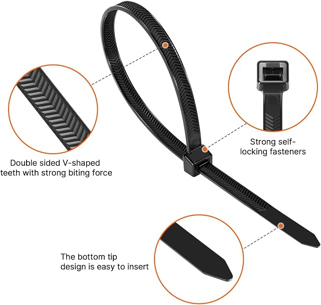 12 Dents Zip en forme de V de pouce à double face,250 LBS Câble de force de traction lourd de service fils avec auto-portage réglables plus durables en nylon bandes pour l'intérieur extérieur(50 Pack)