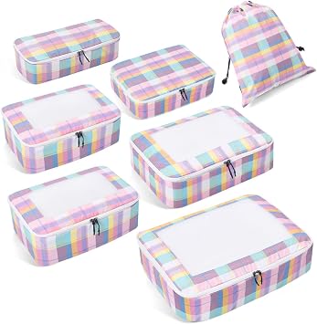 ECOHUB Packing Cubes for Suitcase 7 PCS, Suitcase Organiser Bags with Shoes Bag, Recycled Travel Organiser Packing Bags for Backpack, Rip-stop Mesh Luggage Packing Organizers, Pink Gingham