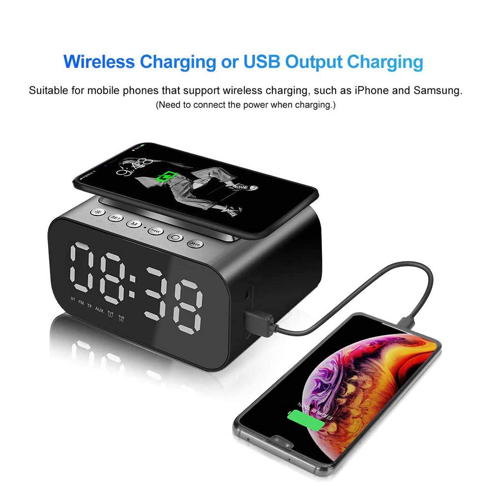 ERNZI Sveglia Altoparlante Bluetooth da comodino Radio FM Non ticchettante con caricatore USB e ricarica wireless QI, Display a led dimmerabile digitale a 3 livelli