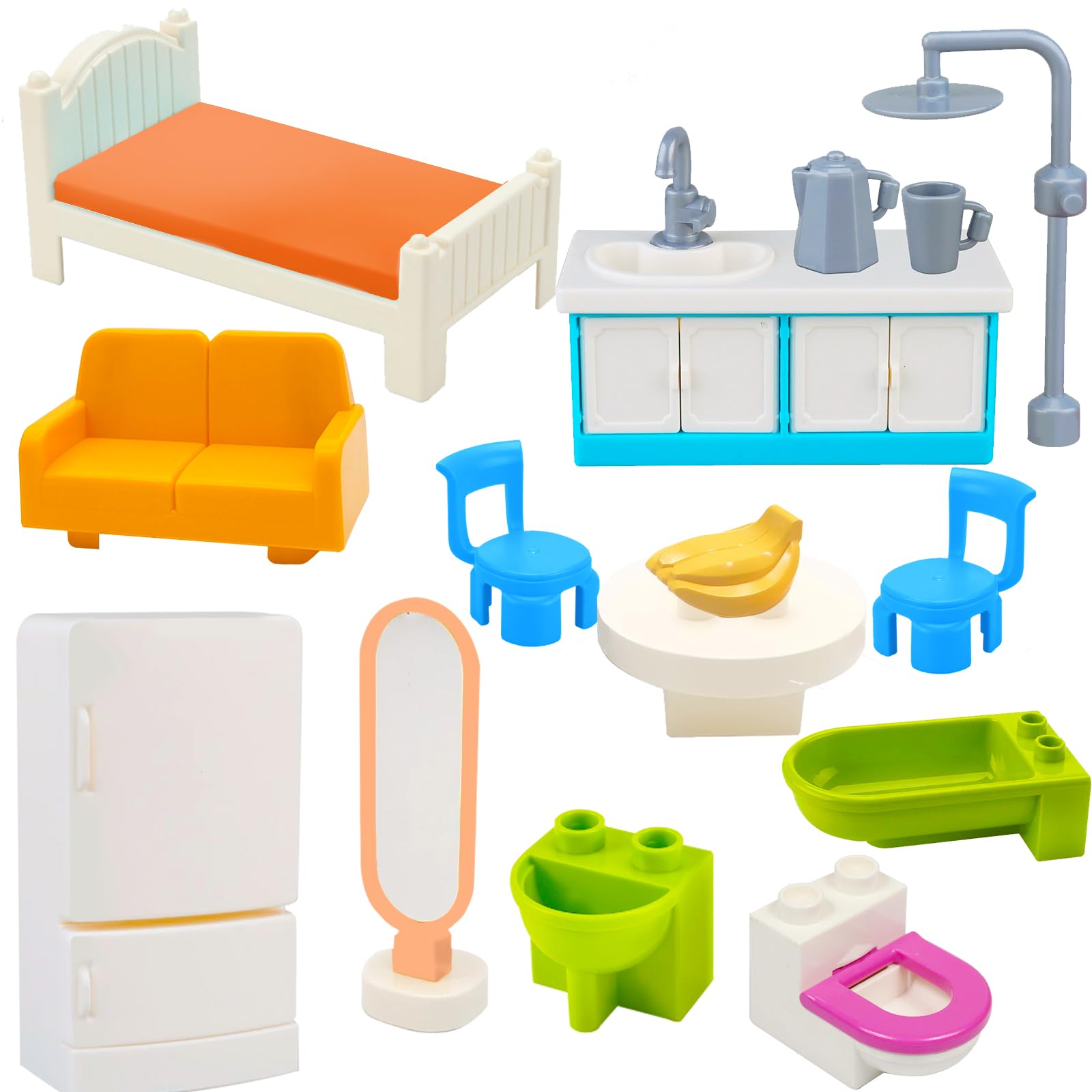 Großen Bausteinen Zubehör Set, Erweiterung mit Bett, Sofa- & Möbeln Kompatibel mit Allen Duplo Steinen Kreatives Bauen ab 3 Jahren